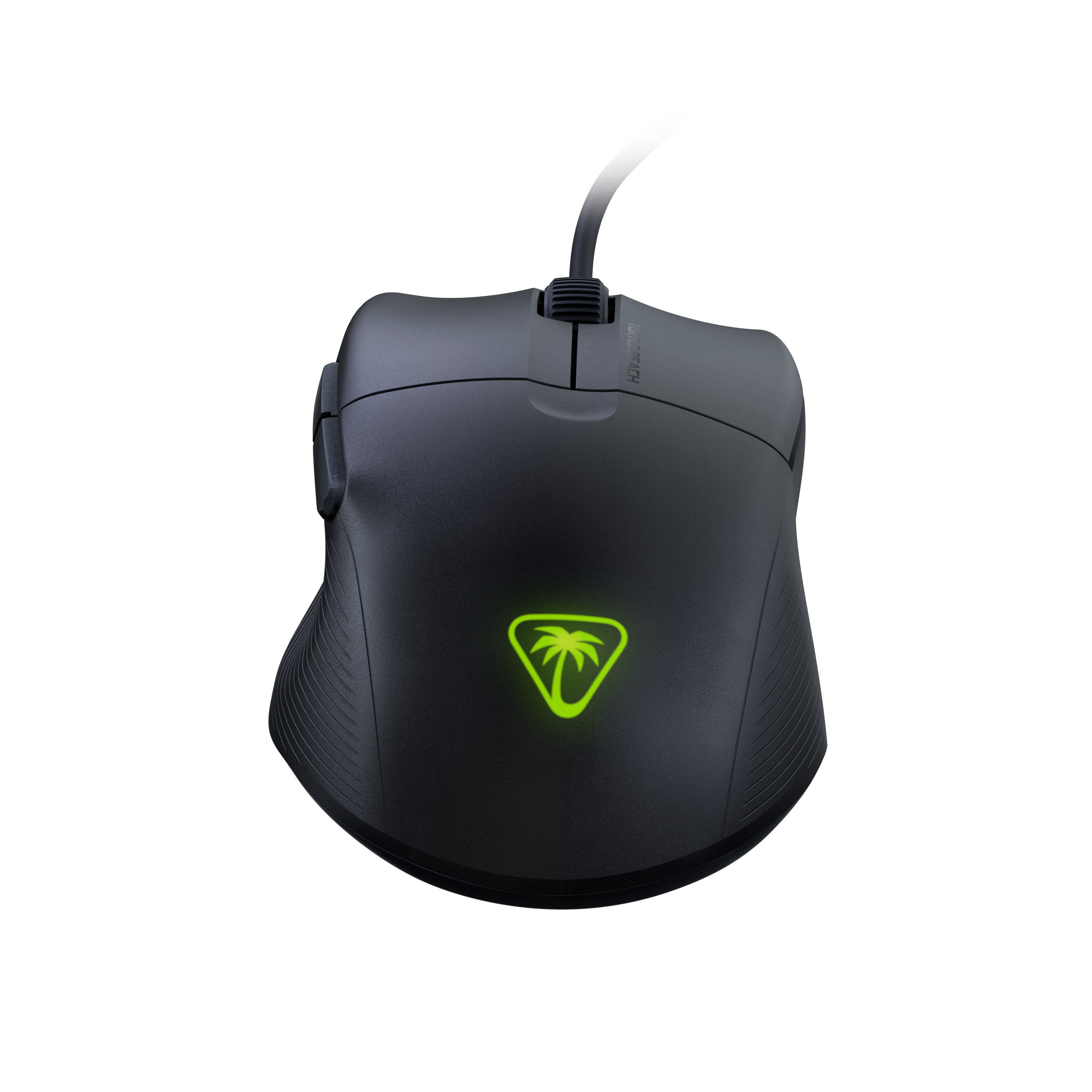 Black gaming mouse with green palm tree logo, cable attached. White background.