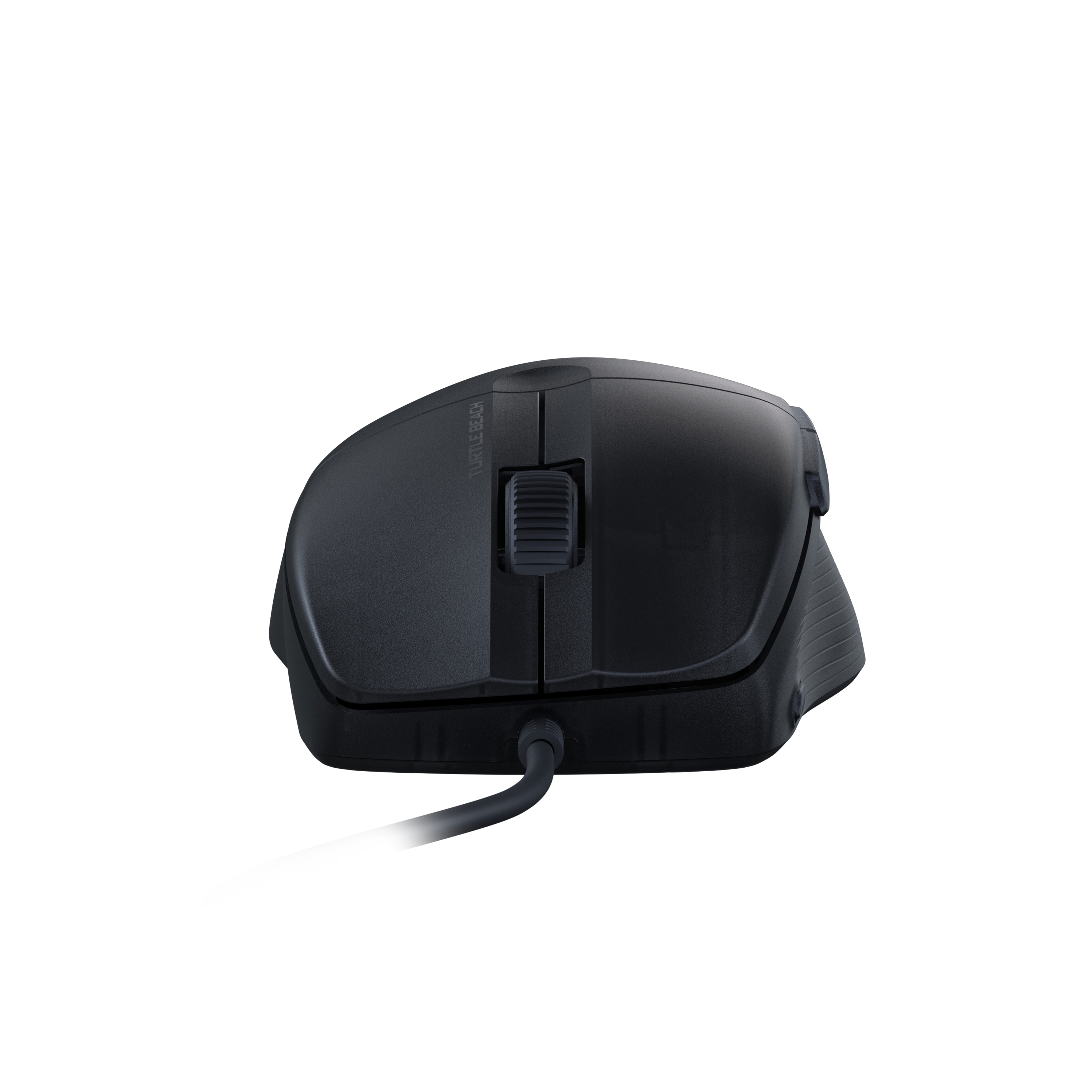 A black computer mouse with a scroll wheel and side buttons, viewed from above.