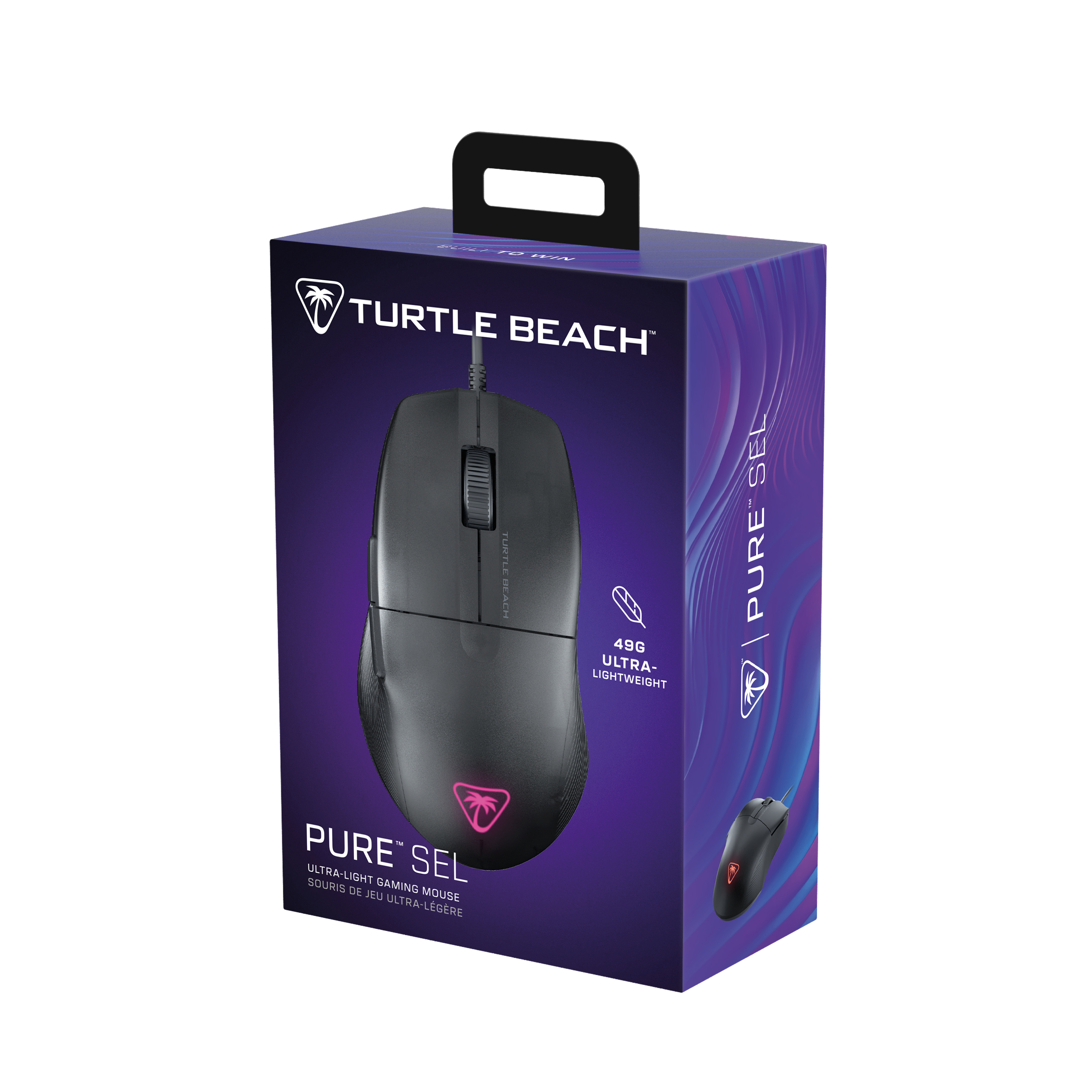 A black gaming mouse inside a box with the brand name and a mouse image.