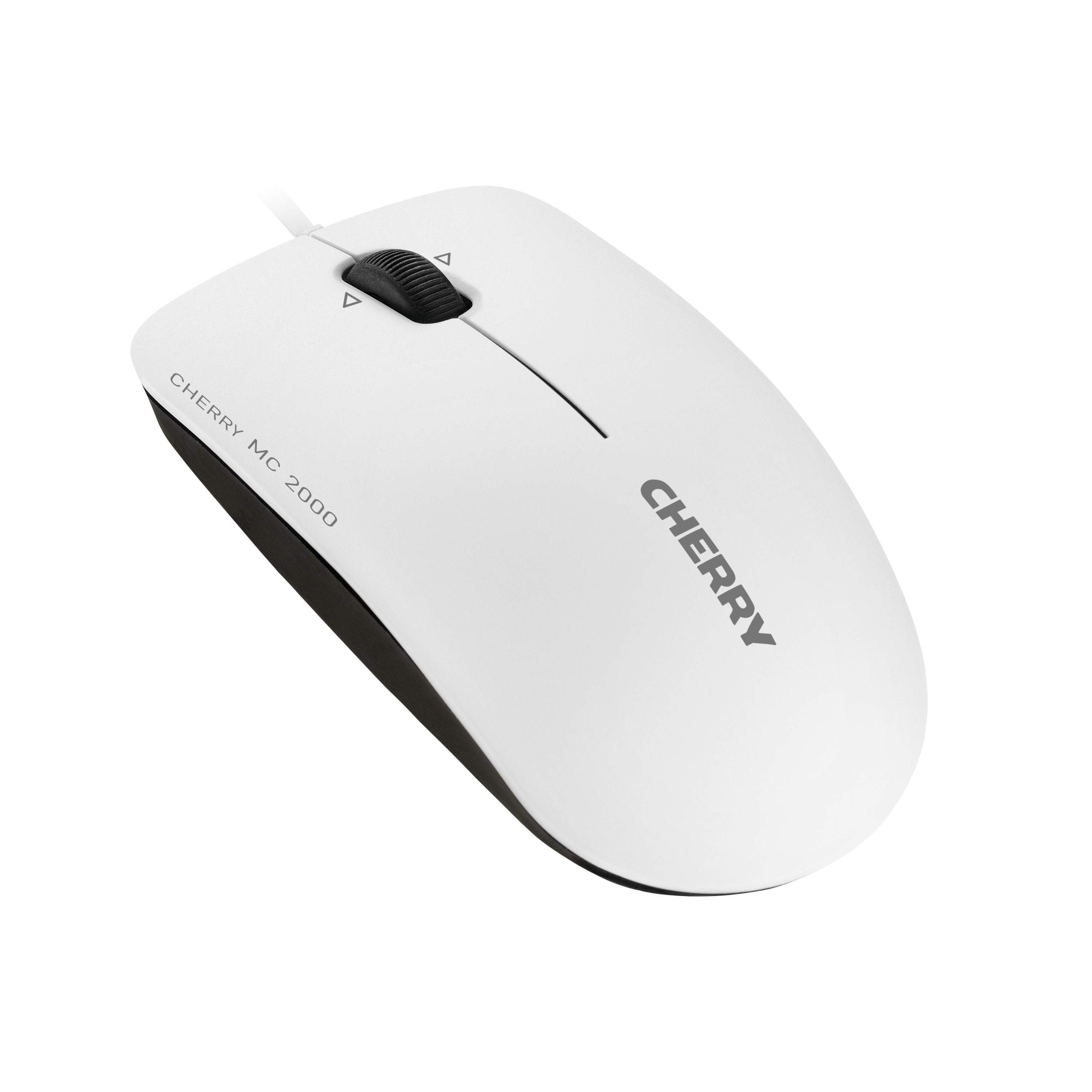 Witte CHERRY computermuis met een zwart scrollwiel en het woord CHERRY erop.