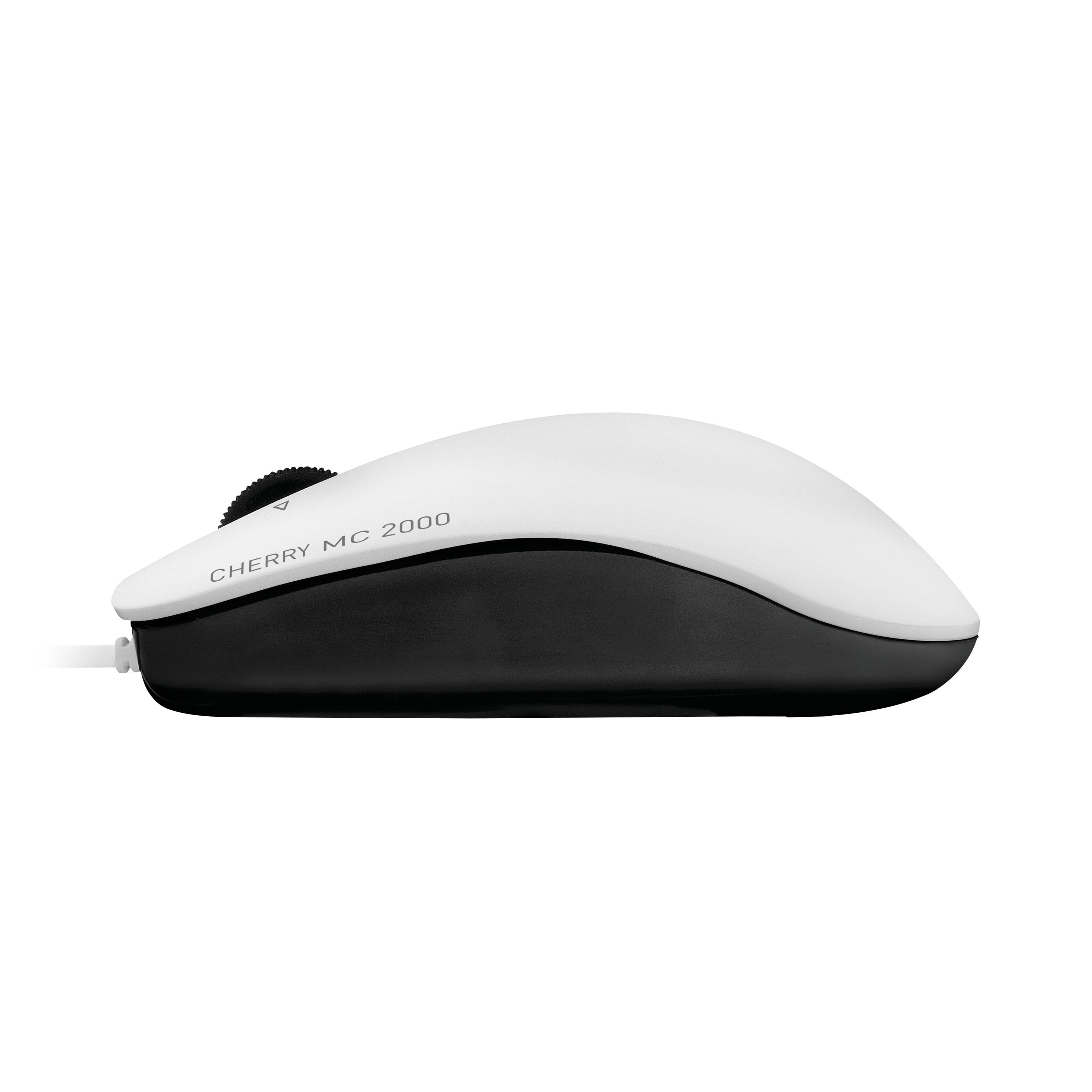 Een wit-zwarte computermuis met scrollwiel en een snoer.