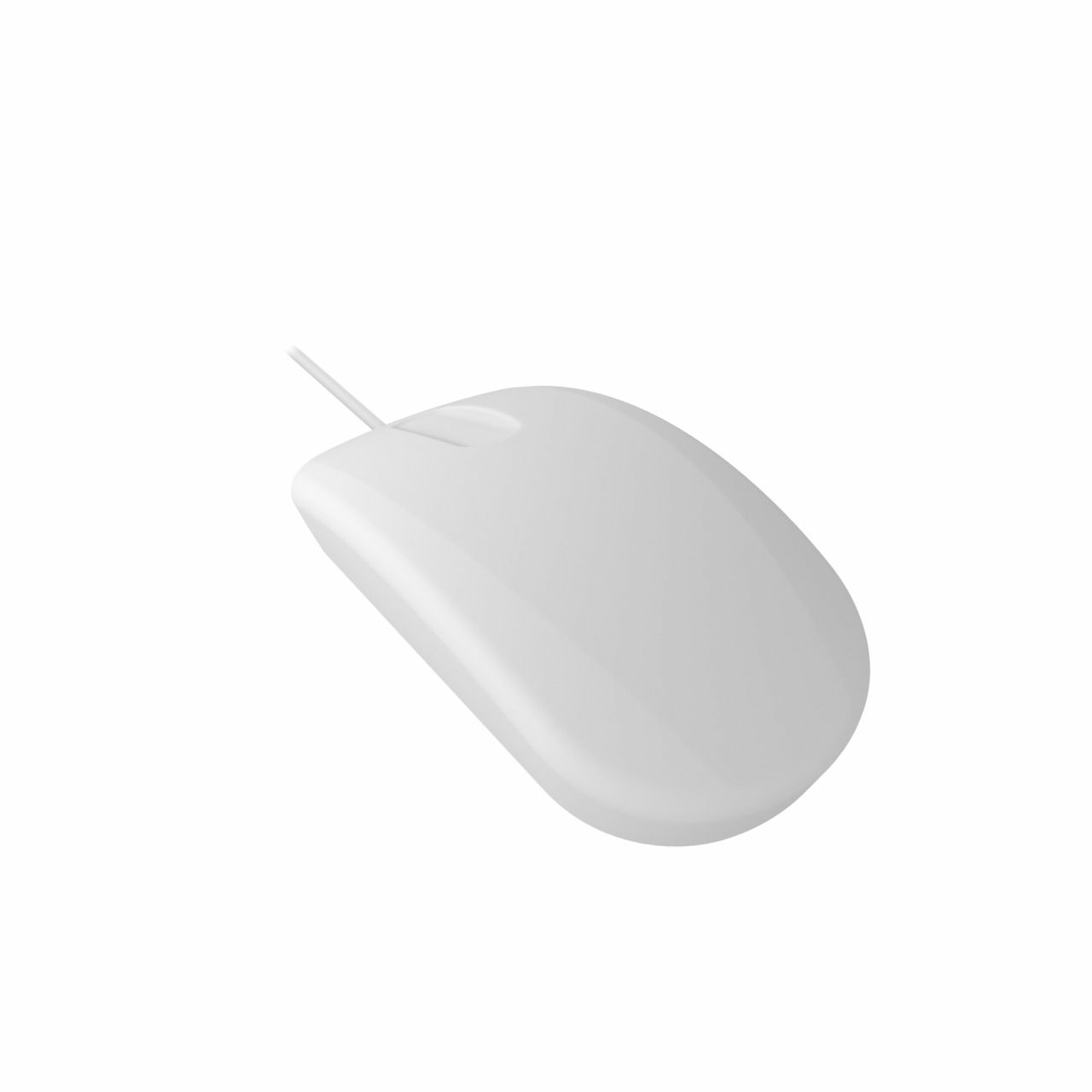 Ratón de ordenador blanco con cable sobre fondo blanco, diseño sencillo y limpio.