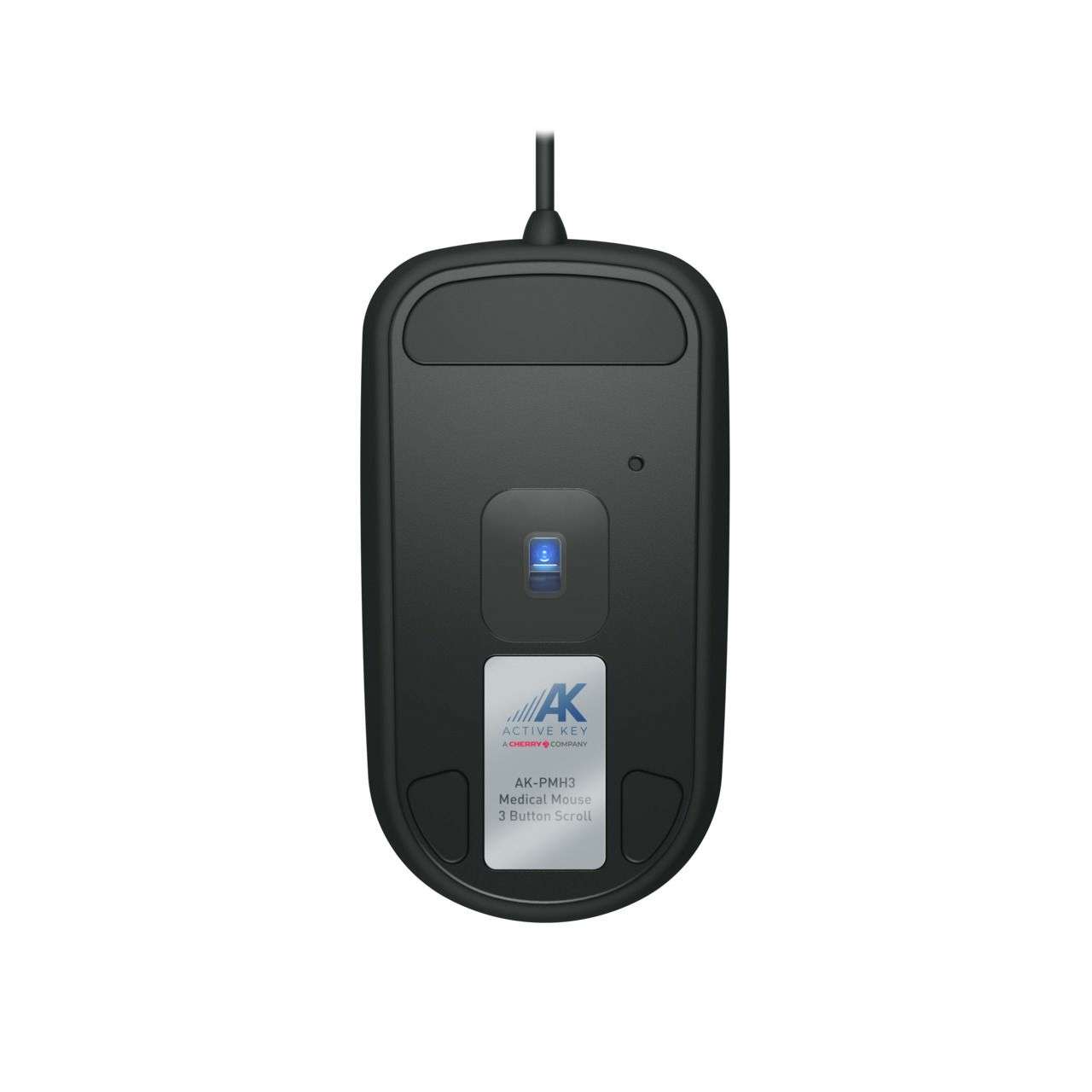 Ratón médico negro con logo AK, vista inferior. Tiene una luz azul.