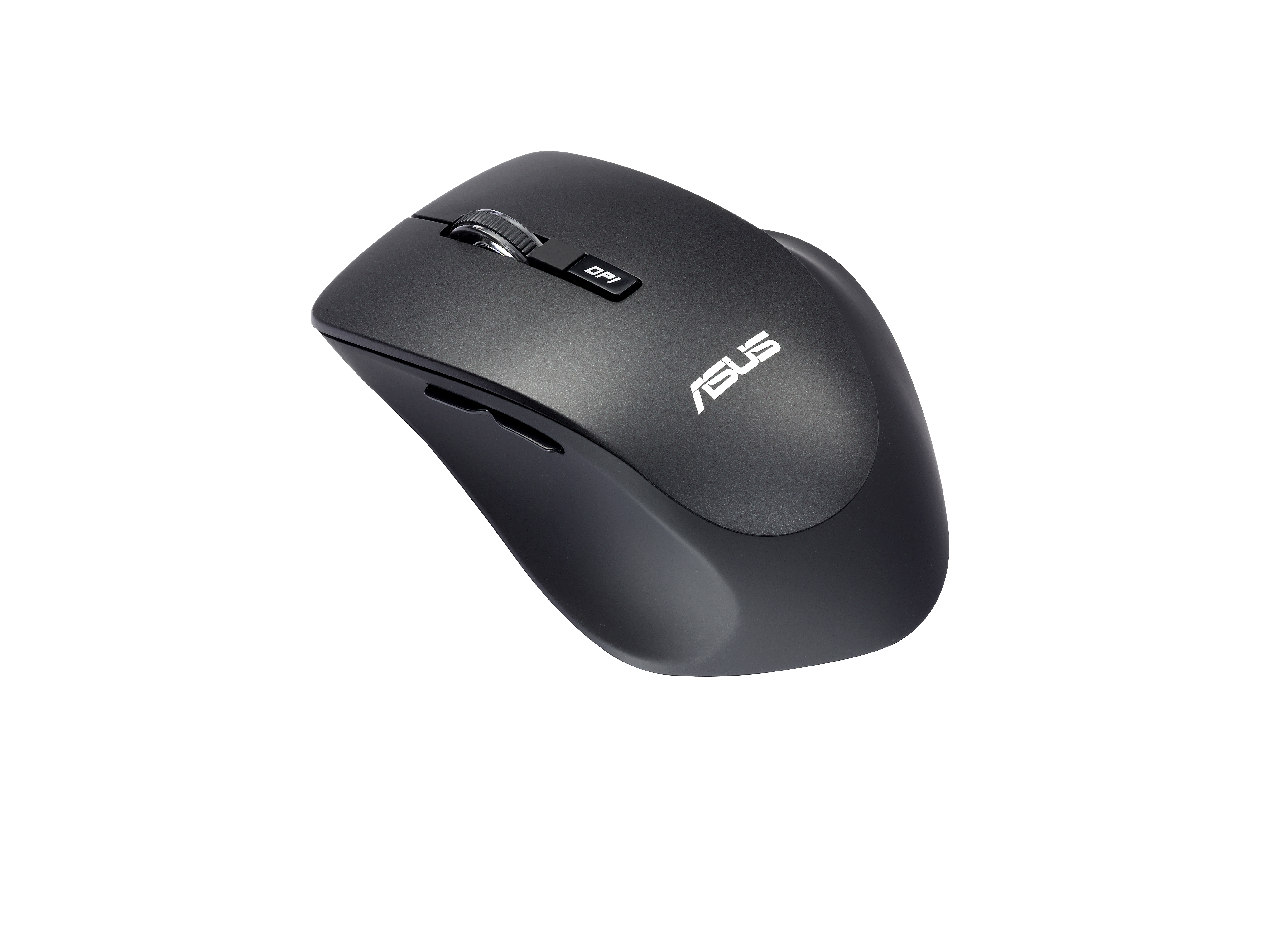 Asus black wireless mouse with a scroll wheel and DPI button. The mouse has an ASUS logo.