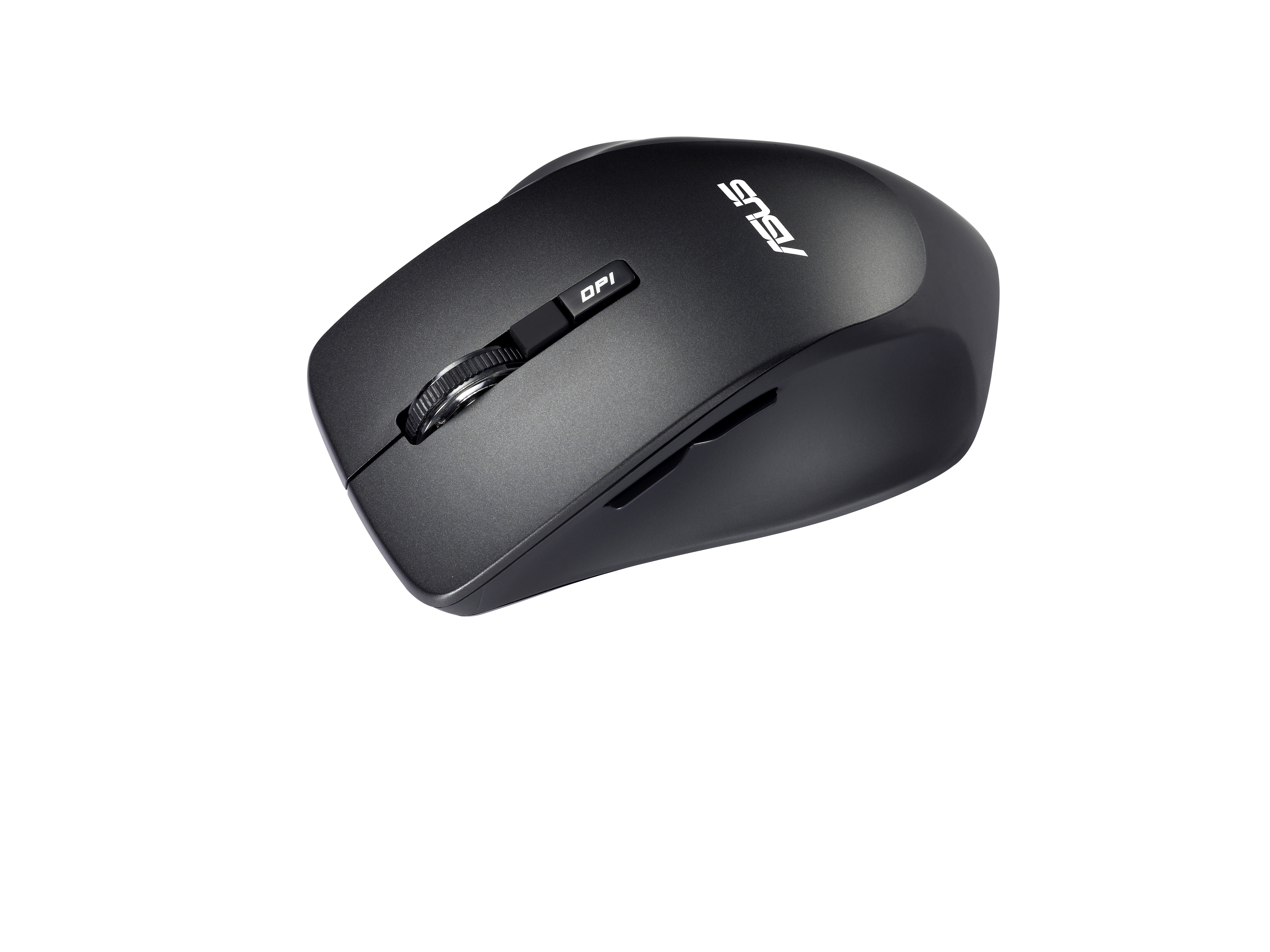 Black wireless mouse. Top view, with a scroll wheel and DPI button. White background.