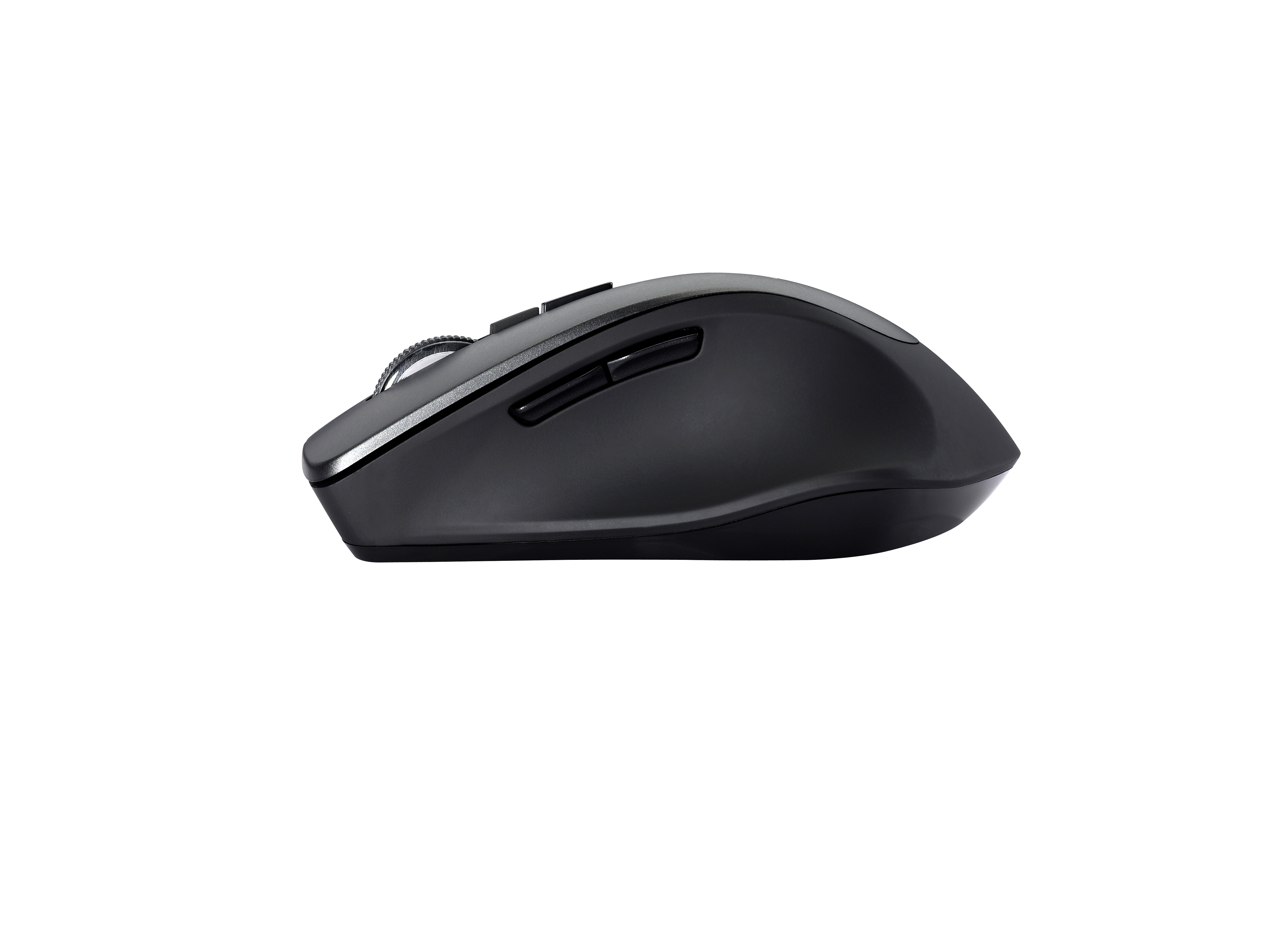 Gray mouse with side buttons on a white background.