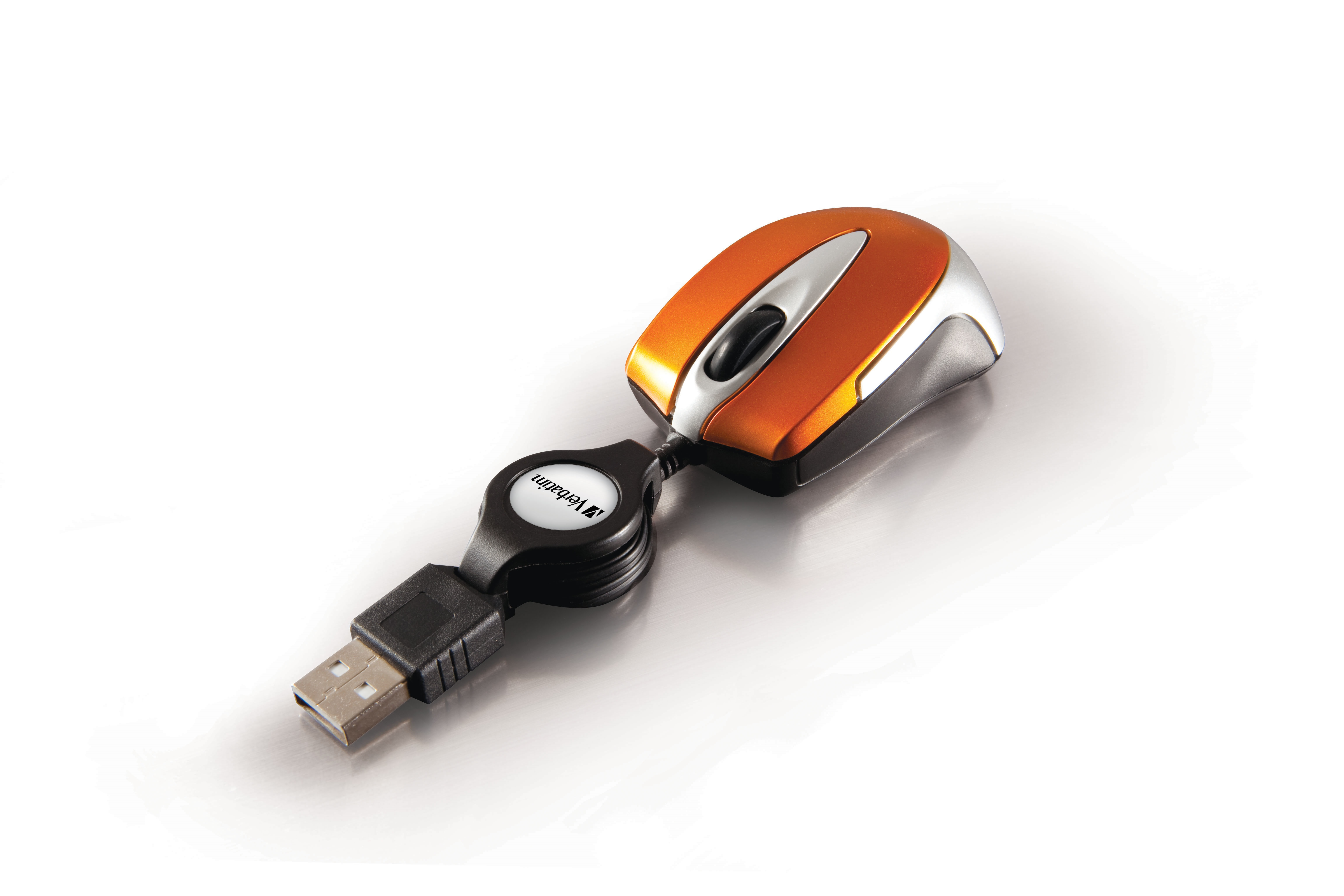 Orange and silver wired mouse with retractable cable, on white.