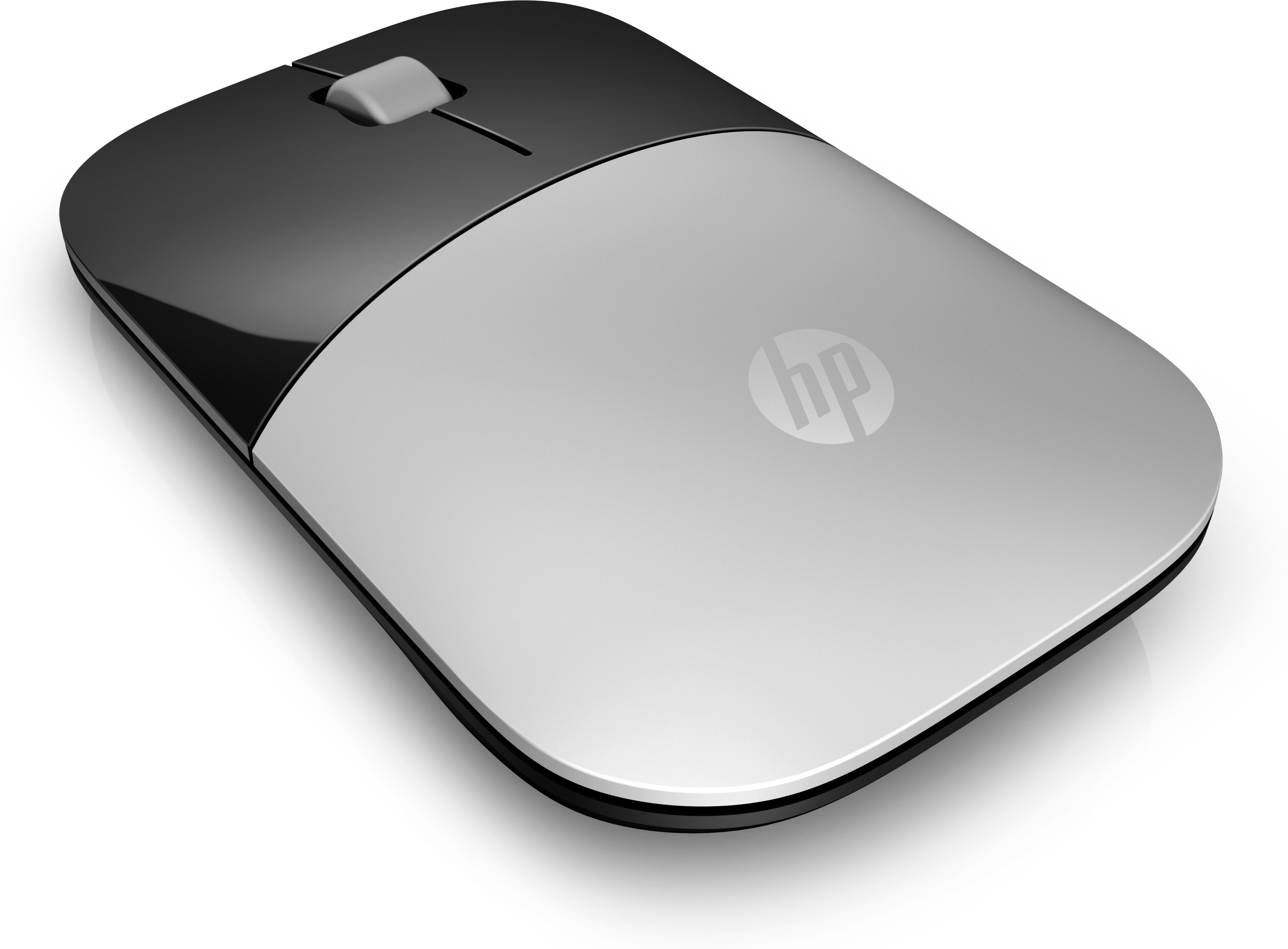 Ratón HP plateado y negro, vista superior, con logo HP, sobre fondo blanco.