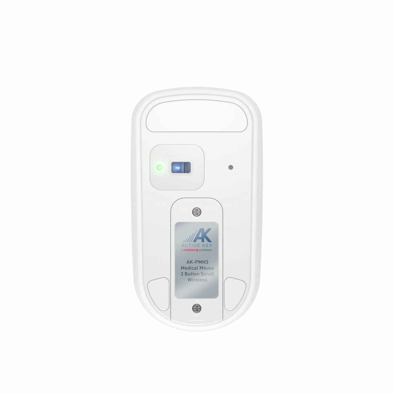 Mouse medico bianco, vista inferiore, con logo AK. Wireless, 3 pulsanti.