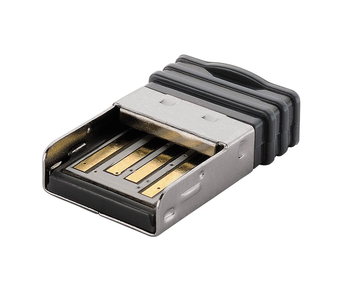 USB-ontvanger, zilver en zwart, met gouden connectoren, geïsoleerd op wit.