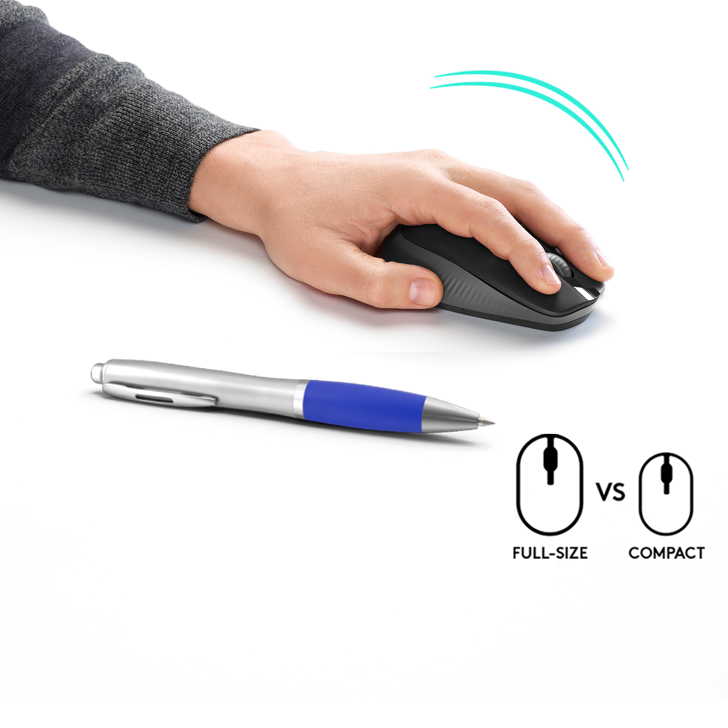 Una mano che utilizza un mouse per computer nero. Sono presenti una penna con manico blu e un diagramma di confronto delle dimensioni.
