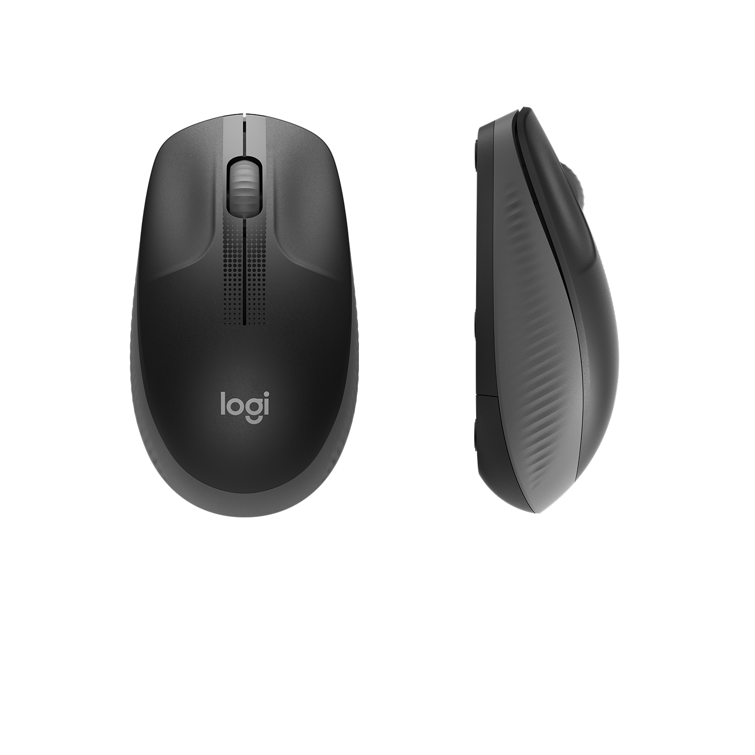 Due mouse per computer neri, uno dall'alto e uno di lato.
