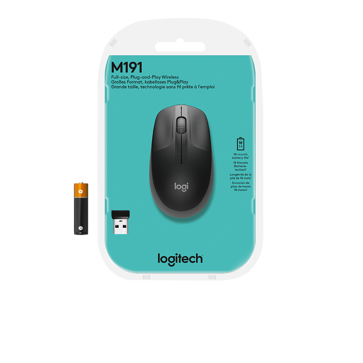 Mouse Logitech nero in confezione di plastica trasparente. Batteria e ricevitore USB.