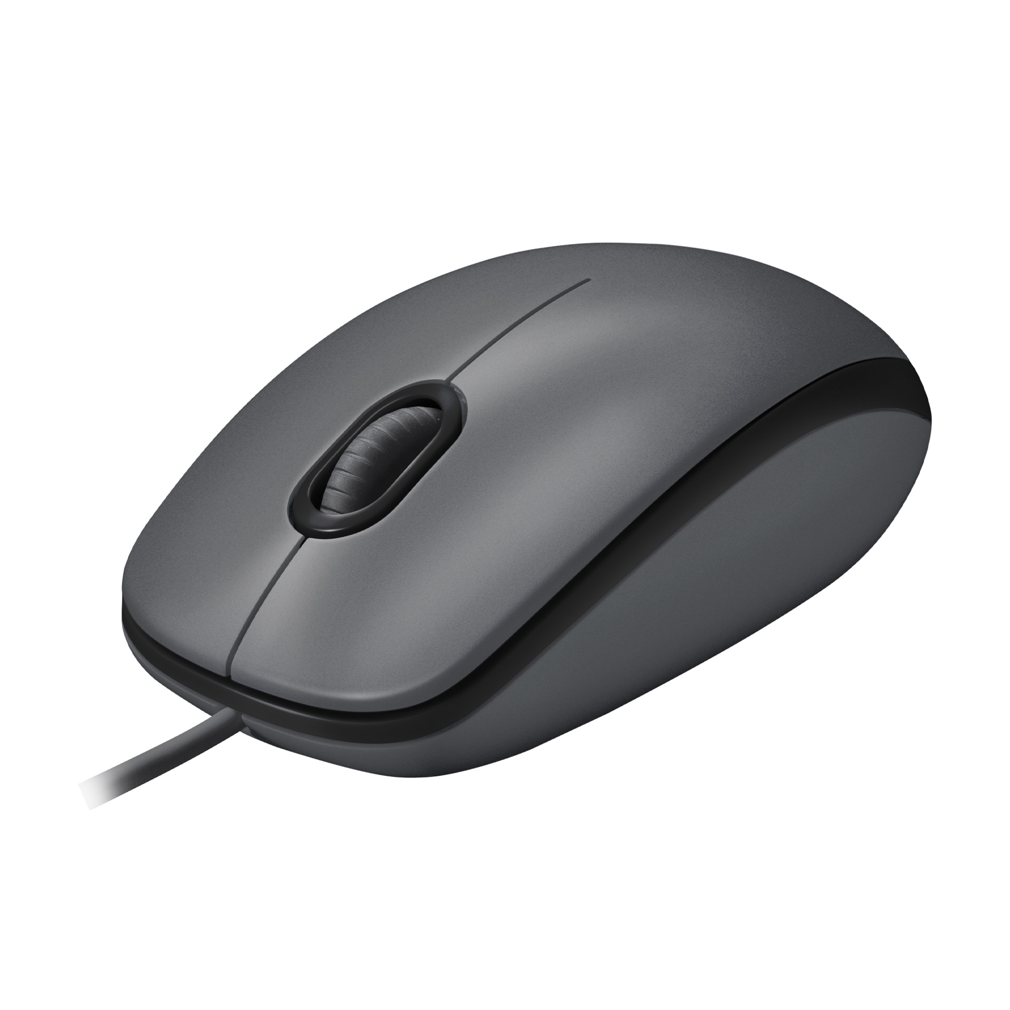Graue Computermaus mit Scrollrad und Kabel vor weißem Hintergrund.