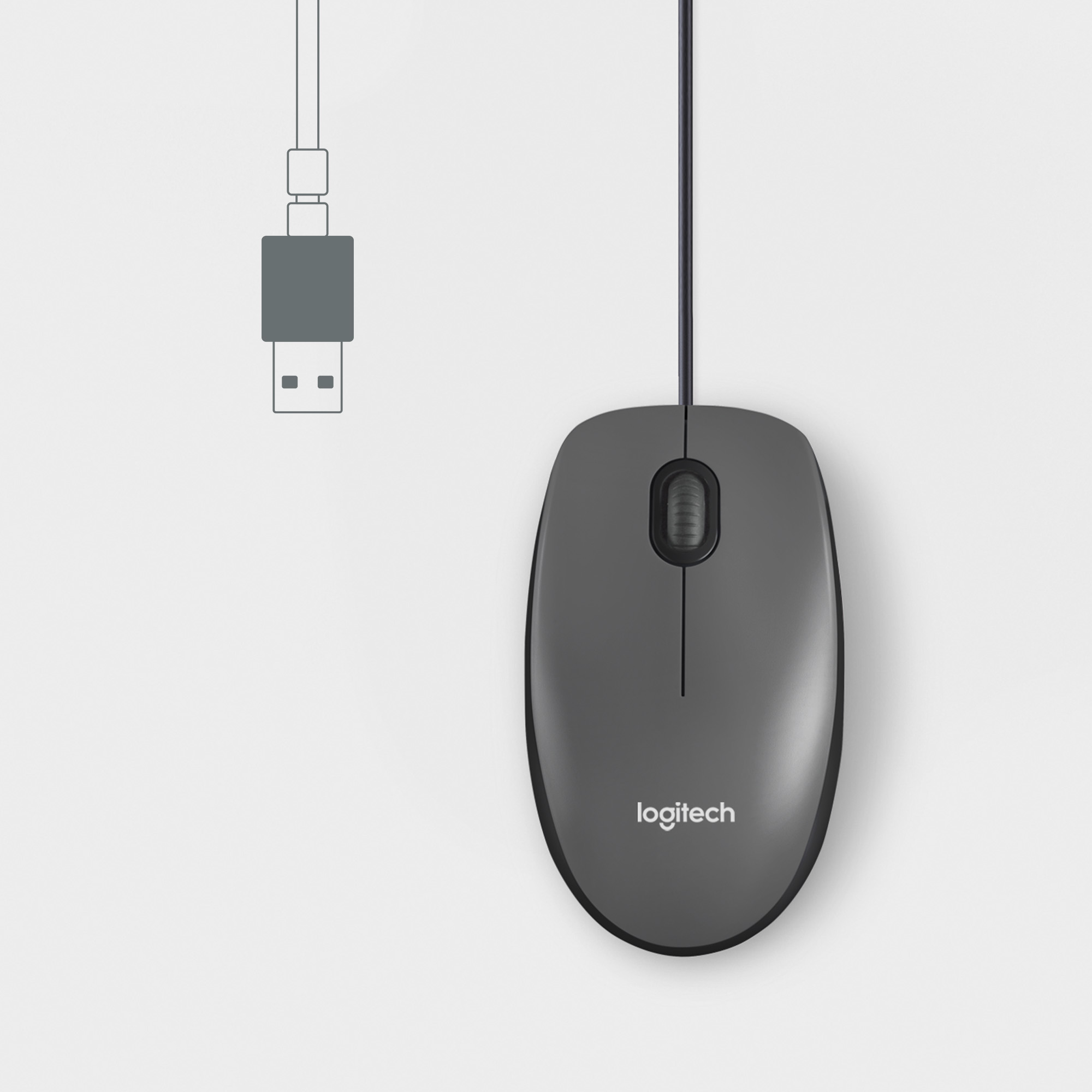 Eine graue Logitech-Maus mit Kabel und USB-Anschluss vor weißem Hintergrund.
