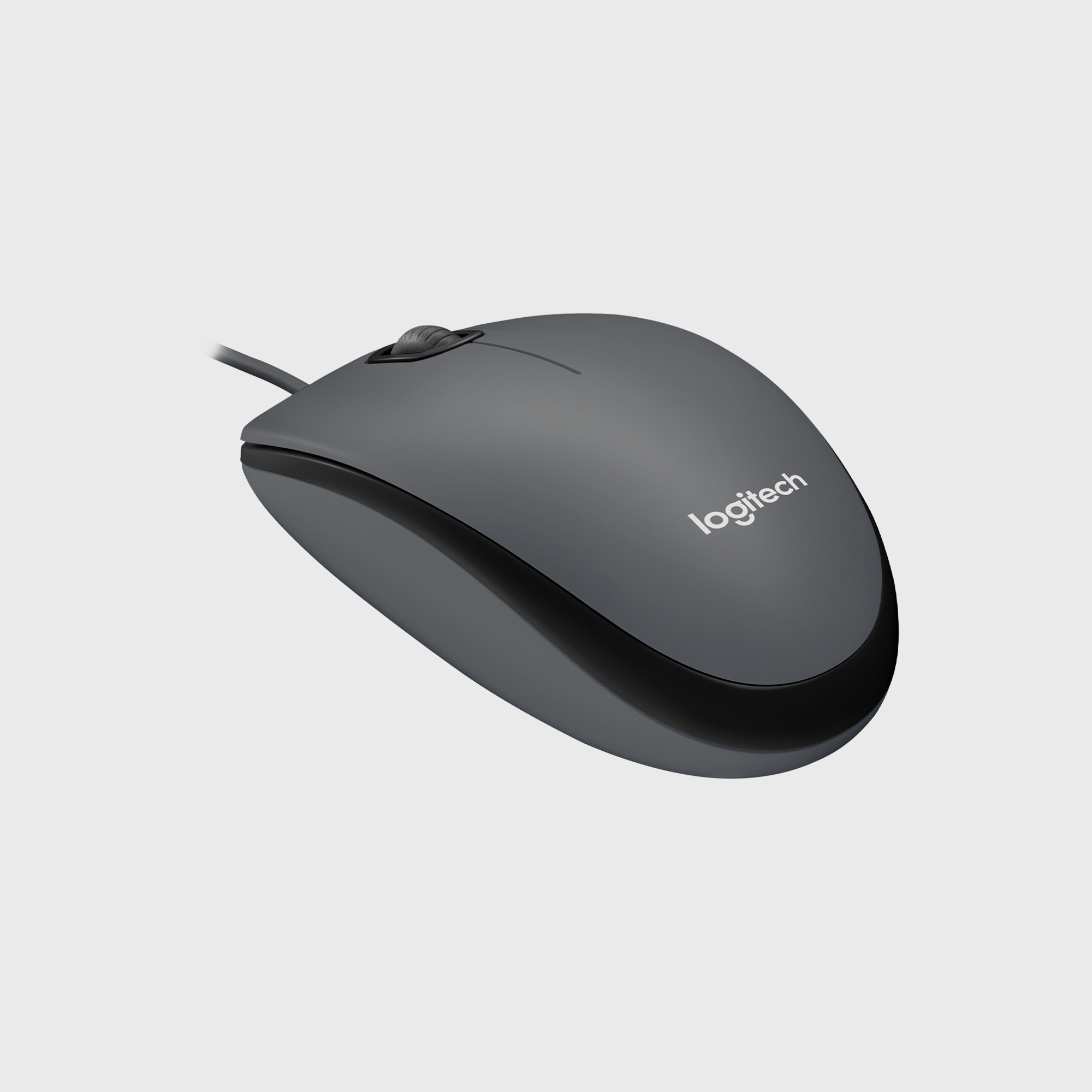 Eine graue Logitech-Maus mit schwarzem Rand und Kabel. Sie ist auf hellem Hintergrund. Logo sichtbar.