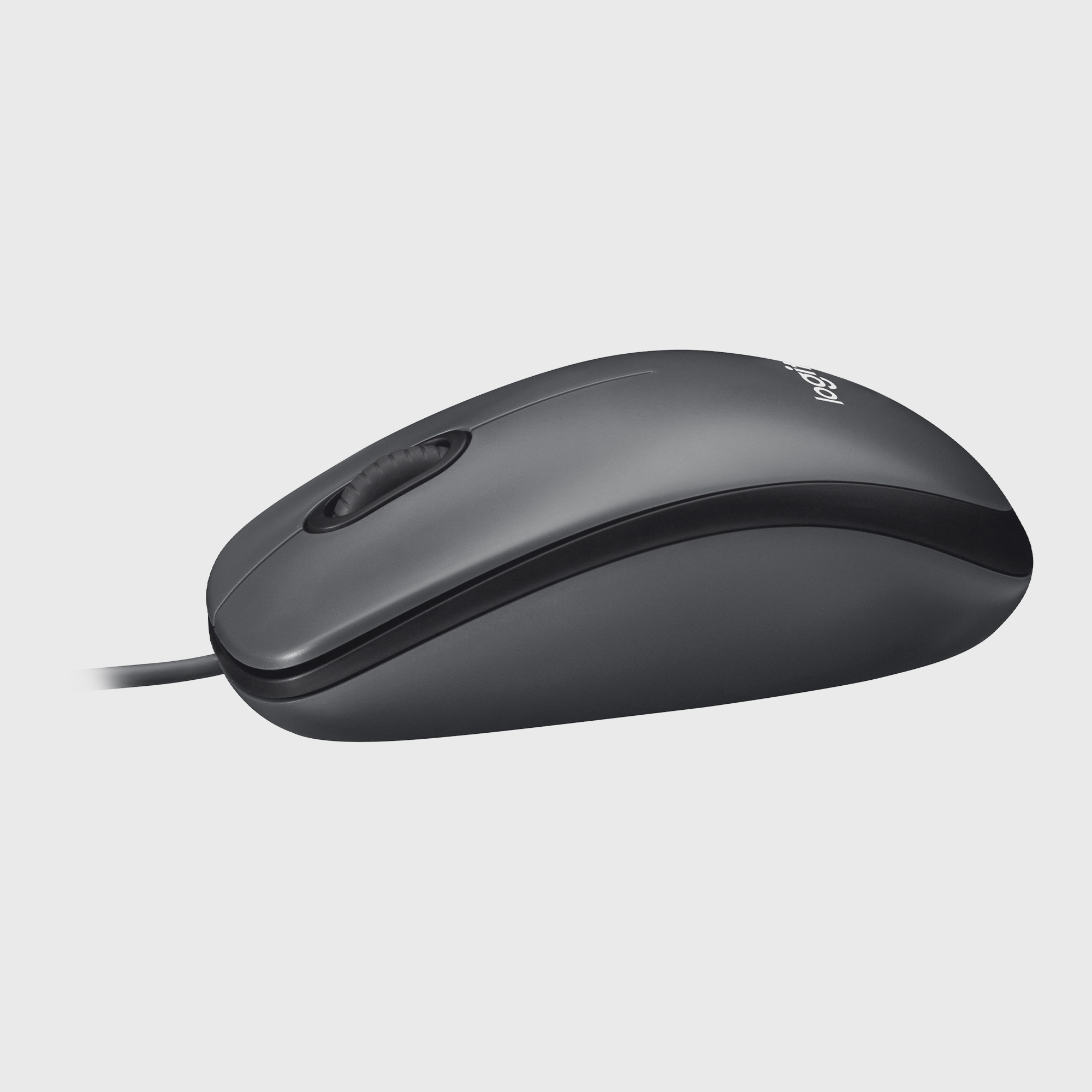 Graue Computermaus mit Scrollrad und schwarzem Kabel.