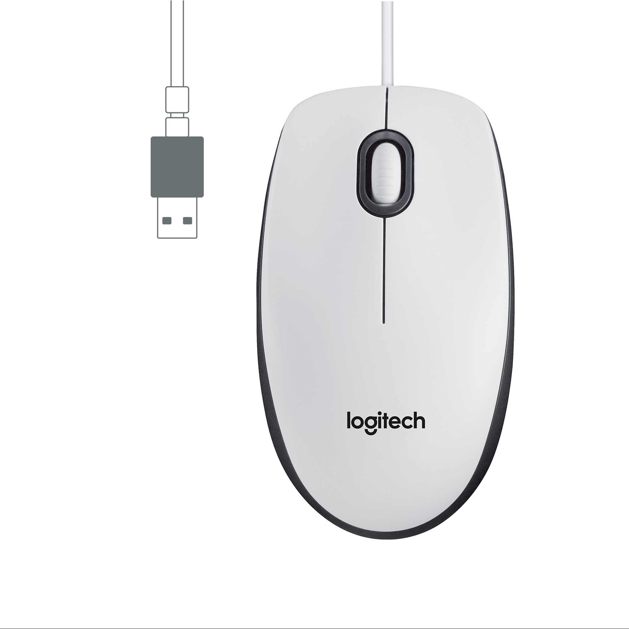 Biała mysz Logitech z kablem USB i logo Logitech na myszy.