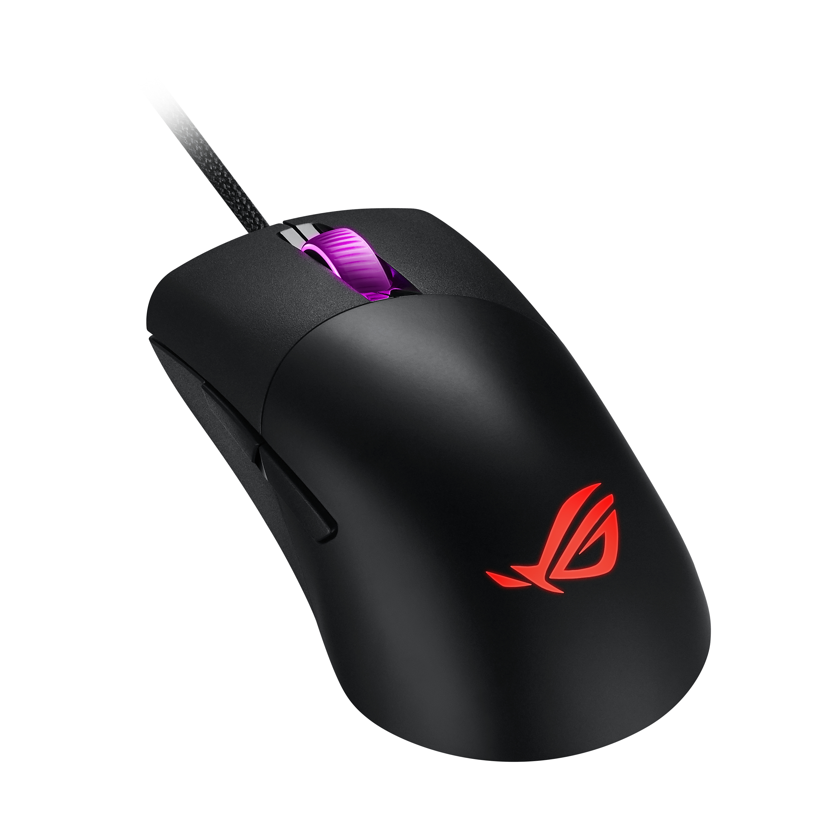 Ratón gaming negro con logo rojo y rueda de desplazamiento morada. Cable trenzado negro. Fondo blanco.