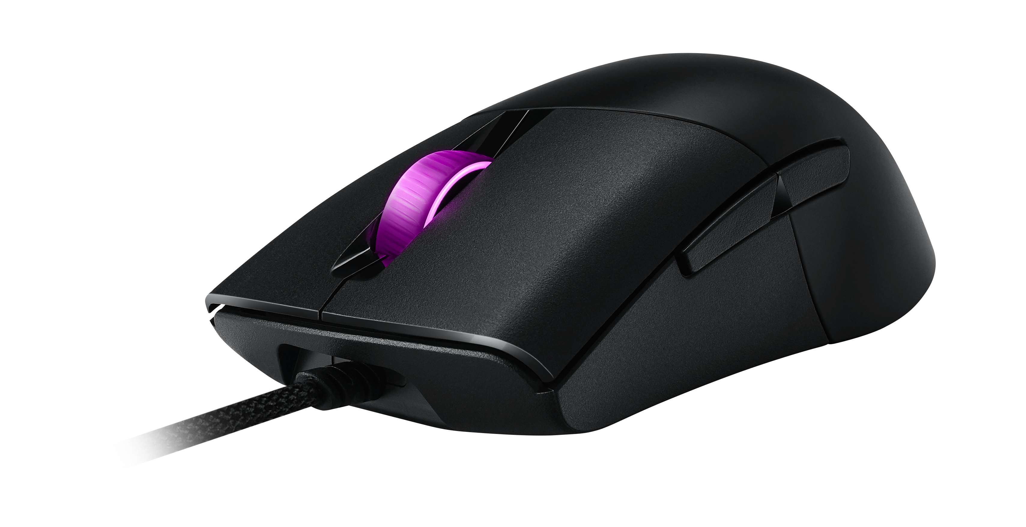 Ratón de ordenador negro con rueda de desplazamiento morada. Cuenta con un diseño elegante y moderno.