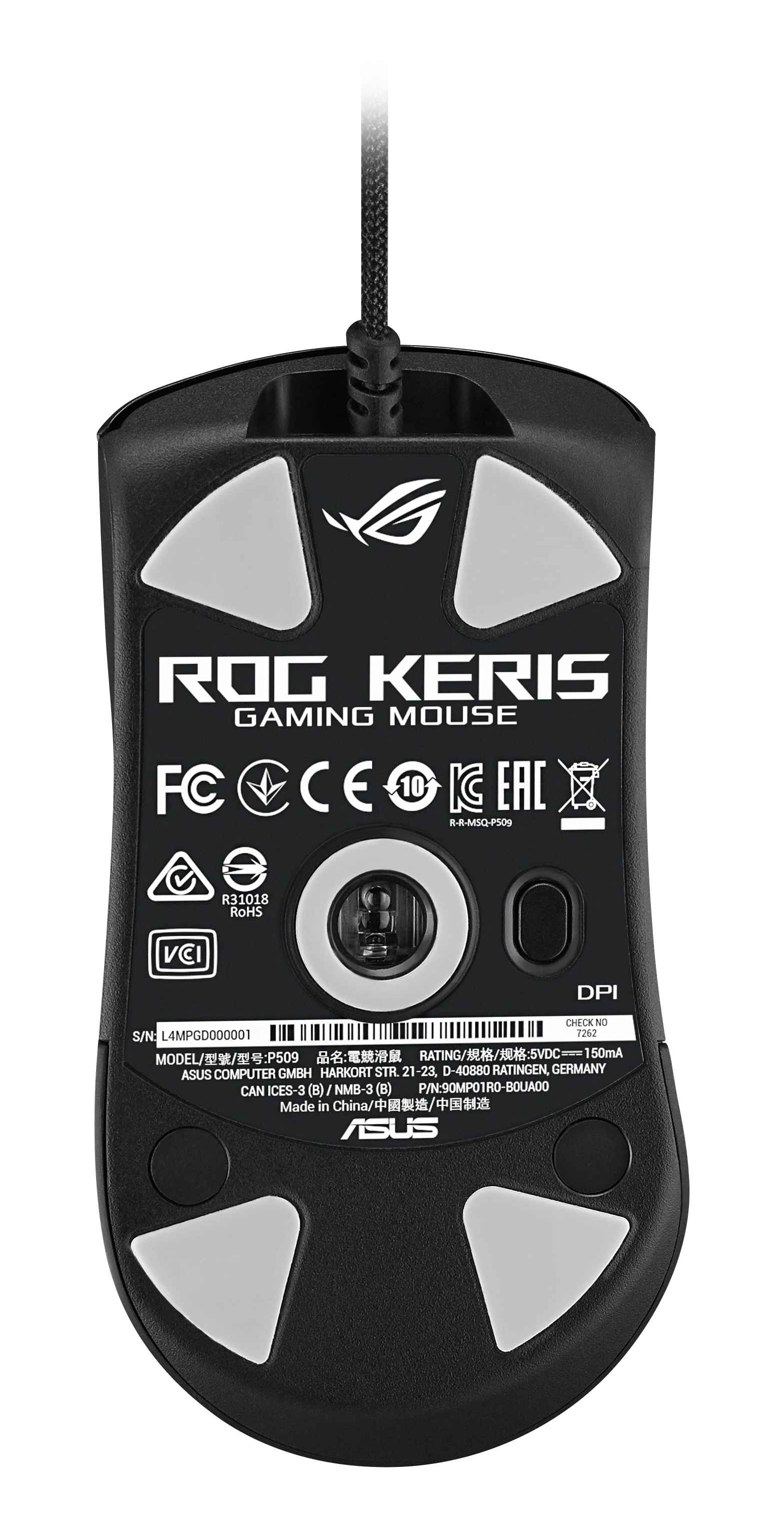Parte inferior de ratón gaming negro, marca ROG Keris, almohadillas grises y detalles técnicos.