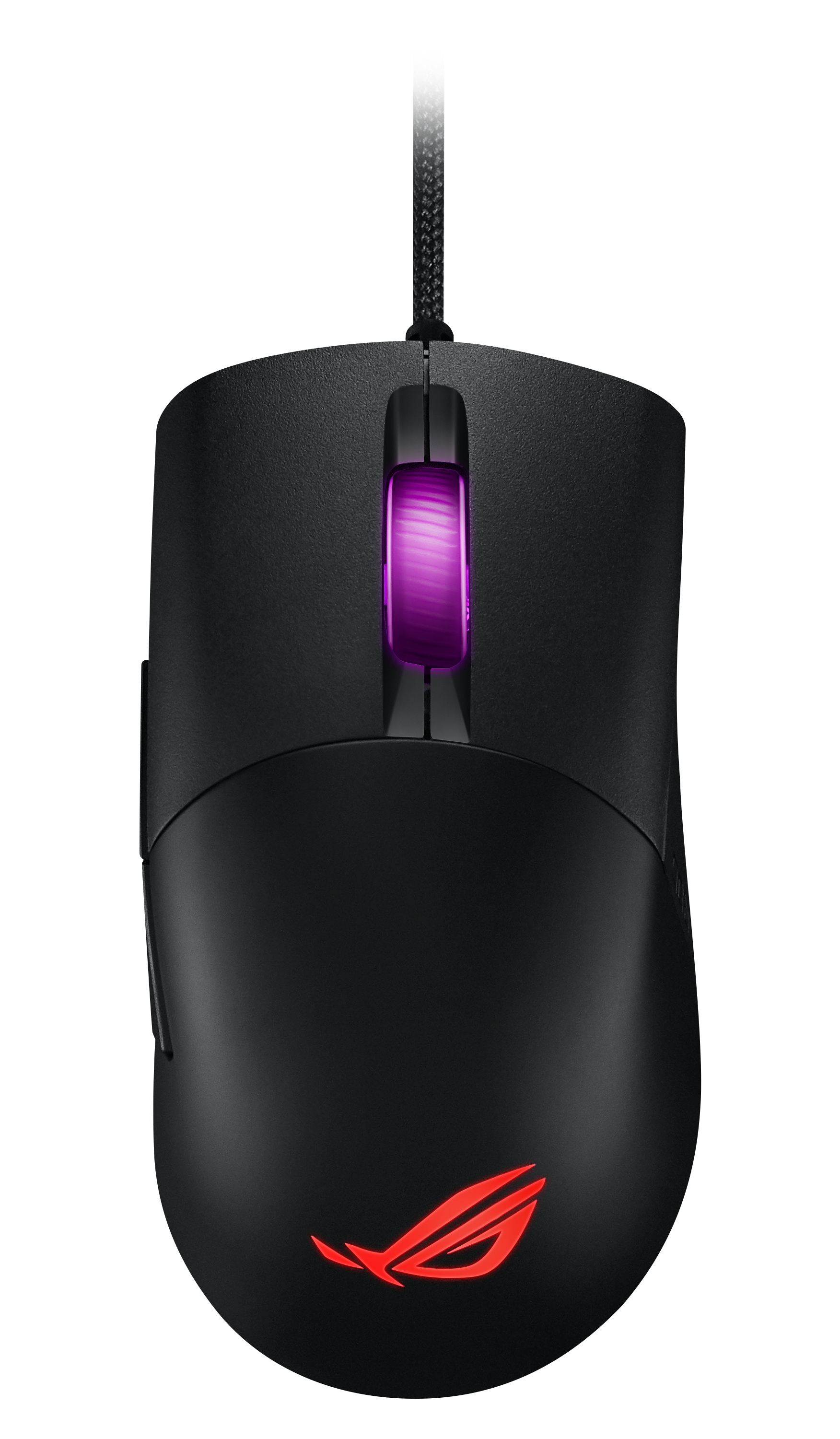 Ratón gaming negro con detalles rojos, un logo rojo y una rueda de desplazamiento con luz púrpura.
