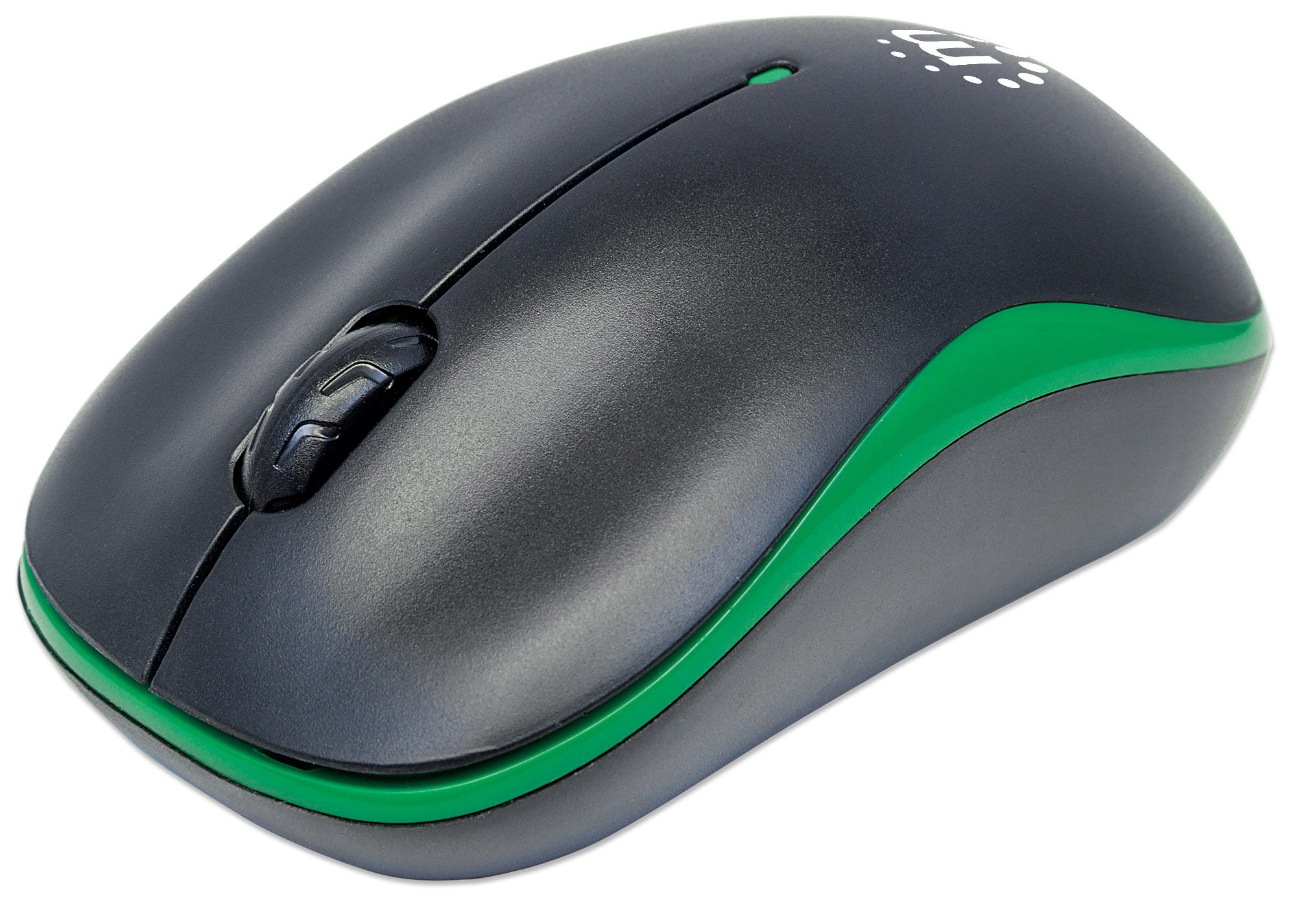 Mouse nero e verde con rotella di scorrimento e pulsanti. Progettato per utenti destrorsi.