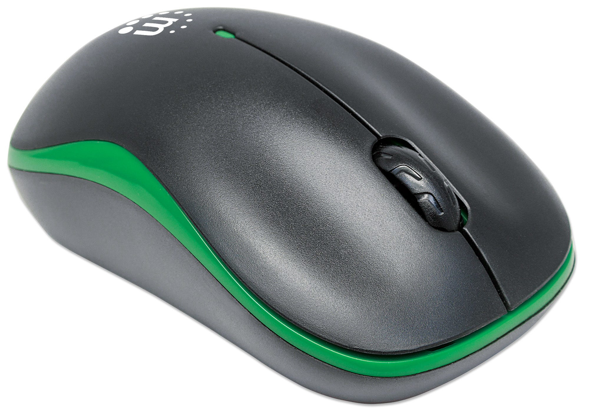 Un mouse nero e grigio con un bordo verde.