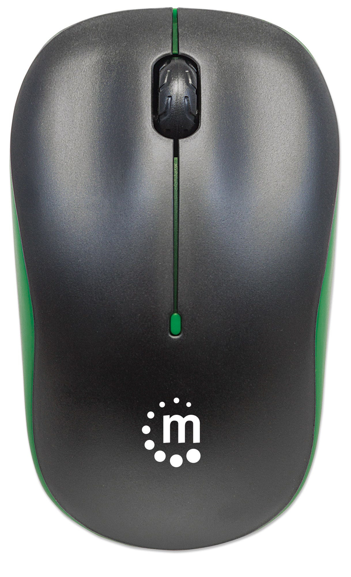 Mouse nero e verde per computer. Logo bianco in alto, accenti verdi sui lati.