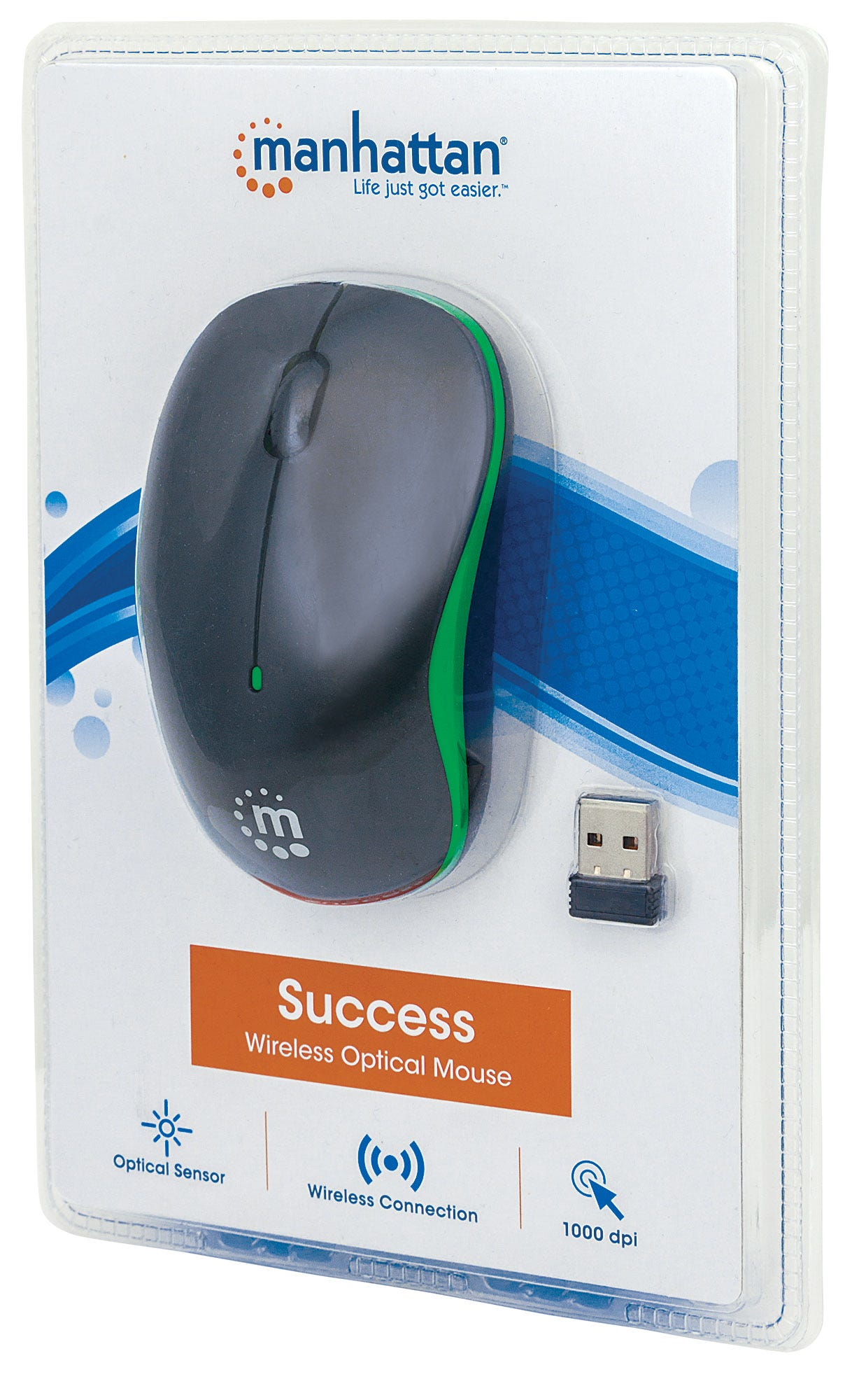 Mouse ottico wireless Manhattan in confezione, nero e verde, e ricevitore USB.