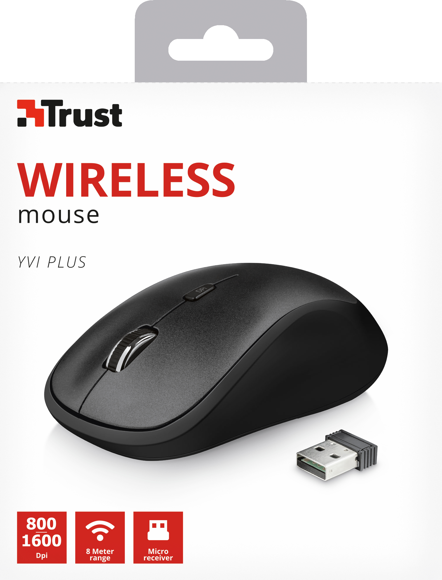 Czarna mysz bezprzewodowa w opakowaniu, obok odbiornika USB. Tekst na pudełku: Mysz bezprzewodowa.