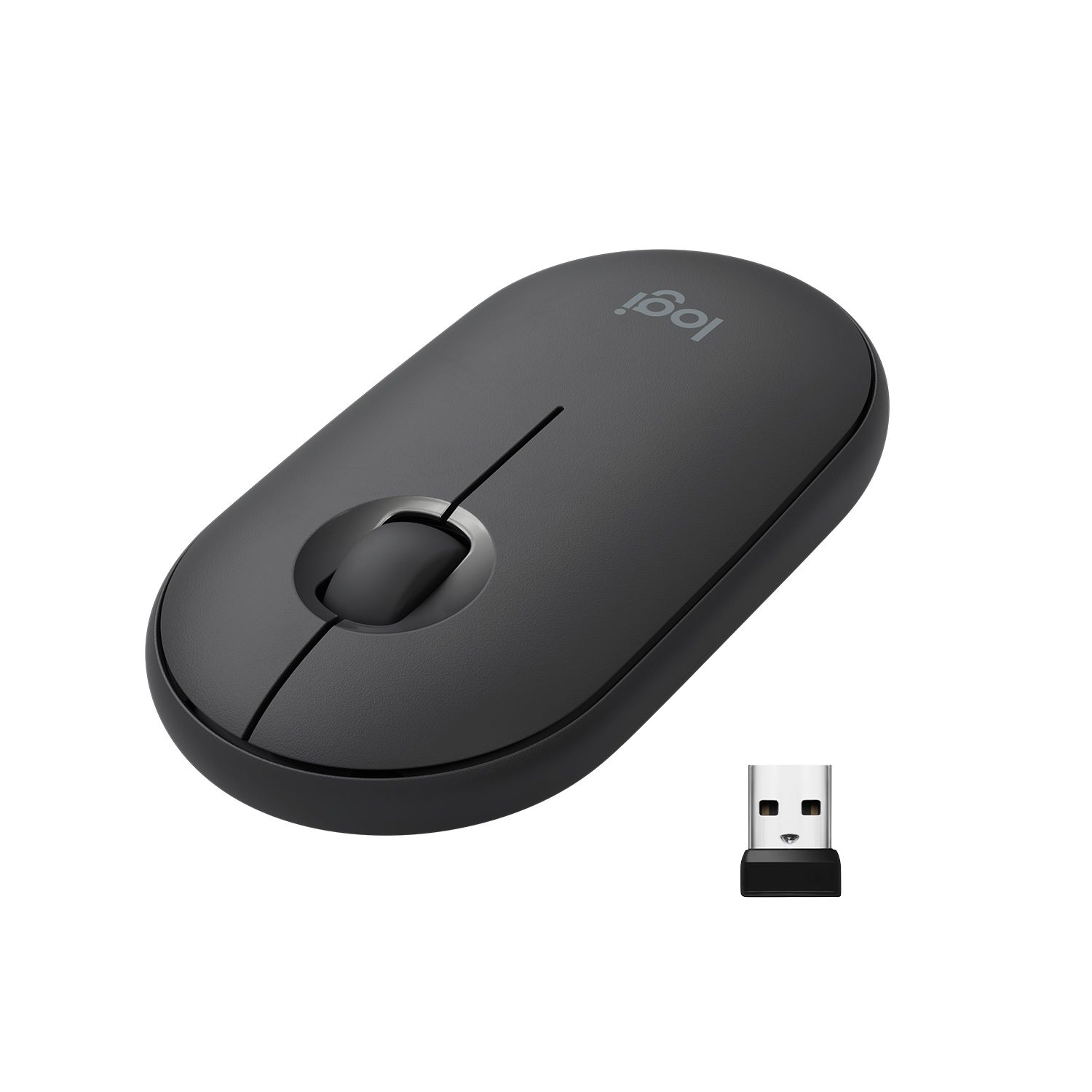 Zwarte muis met een scrollwiel en een USB-ontvanger. De muis ligt op een wit oppervlak.