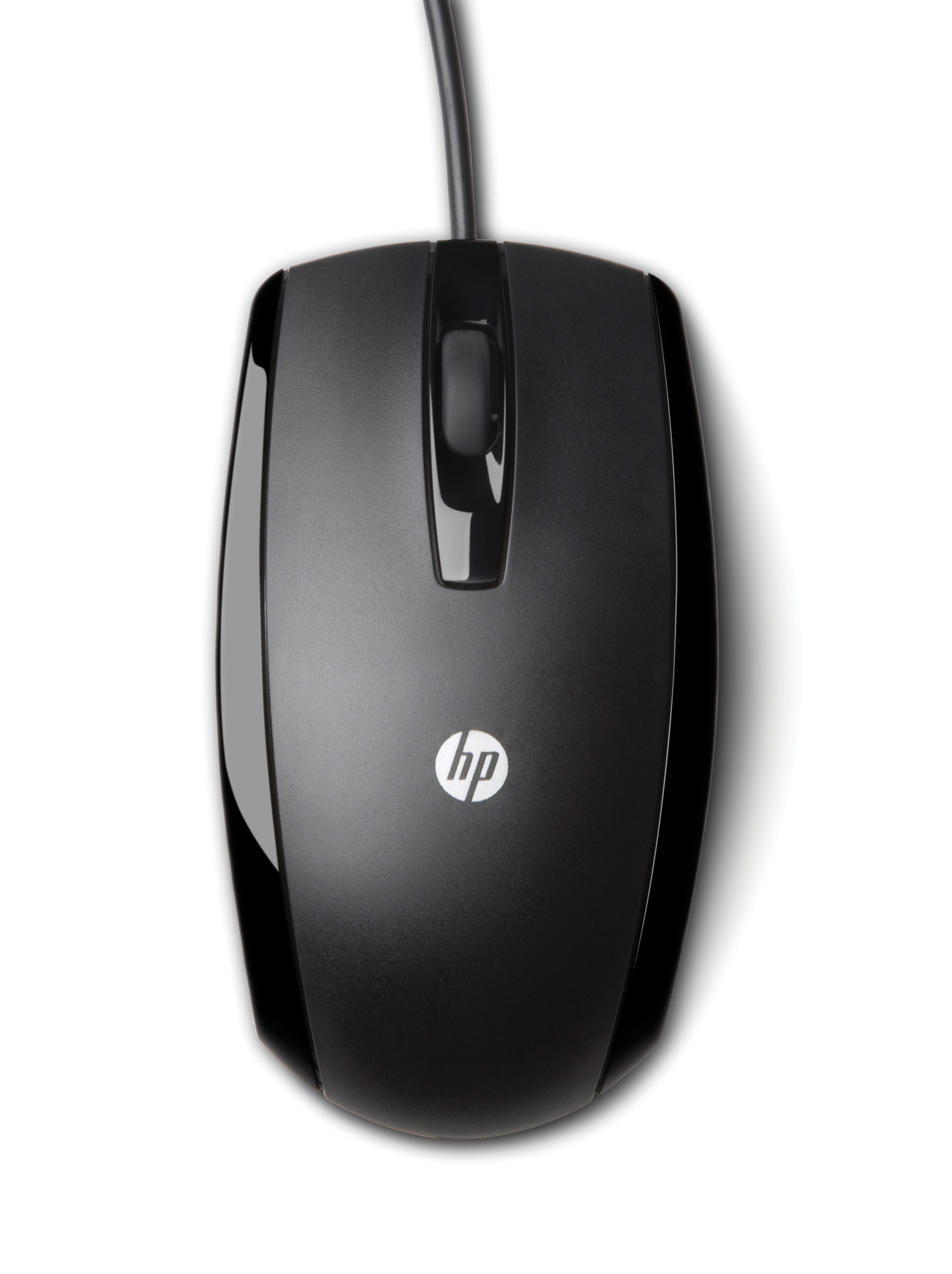 Mouse per computer nero con superficie lucida, il logo HP è visibile, su sfondo bianco.