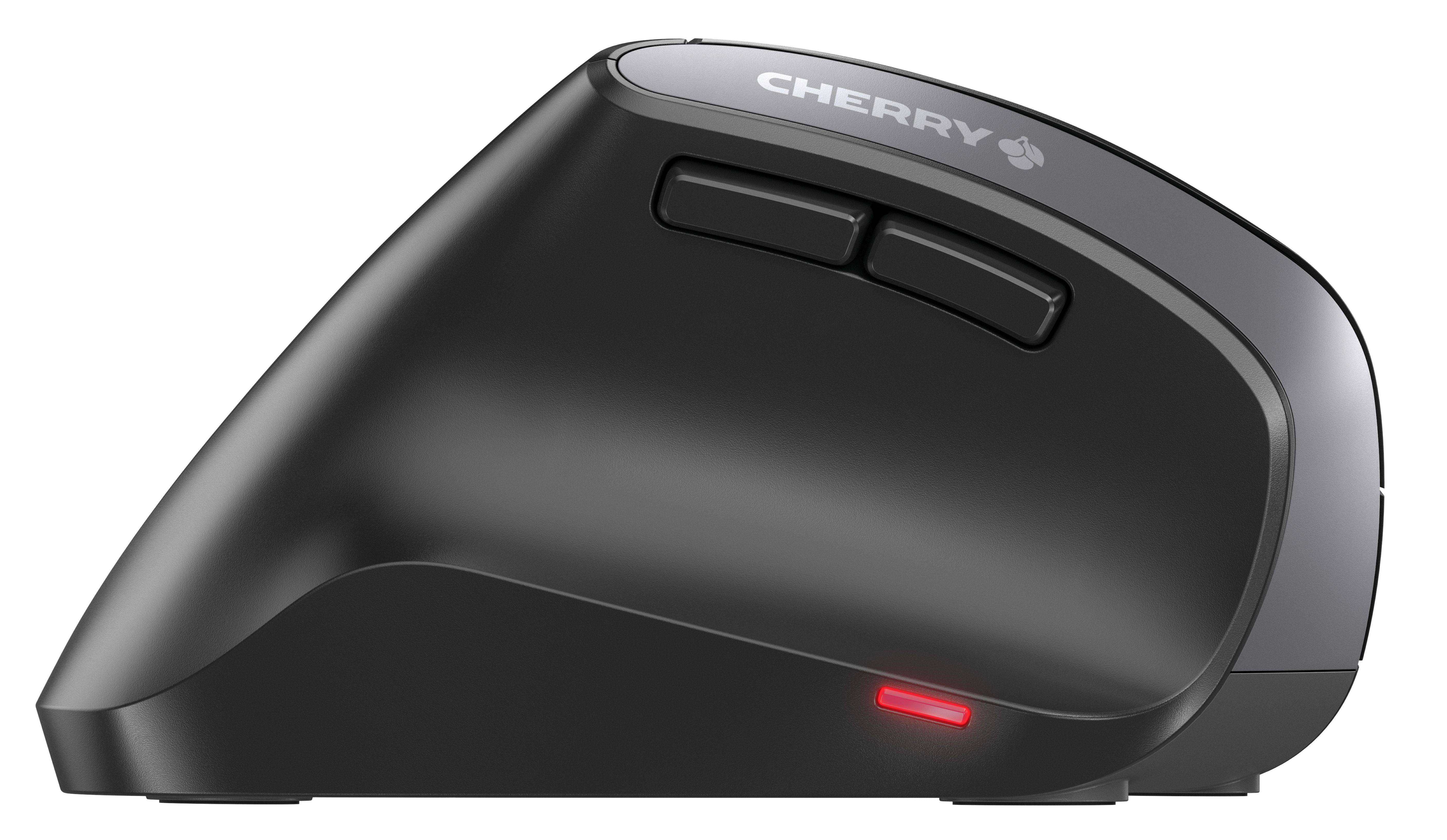 Mouse ergonomico nero con logo Cherry e luce rossa.