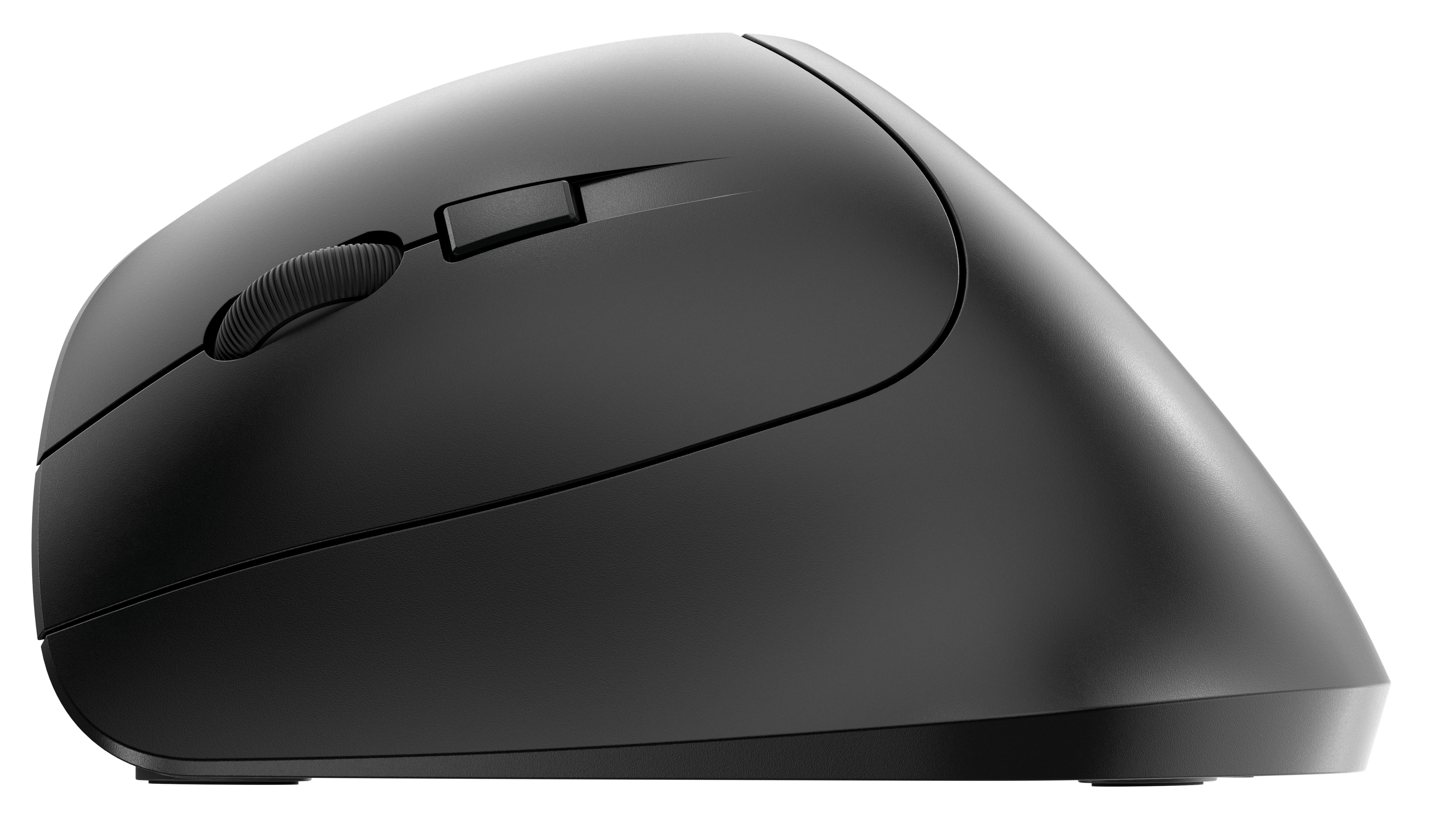 Un mouse ergonomico nero, progettato per l'uso verticale, isolato su sfondo bianco.