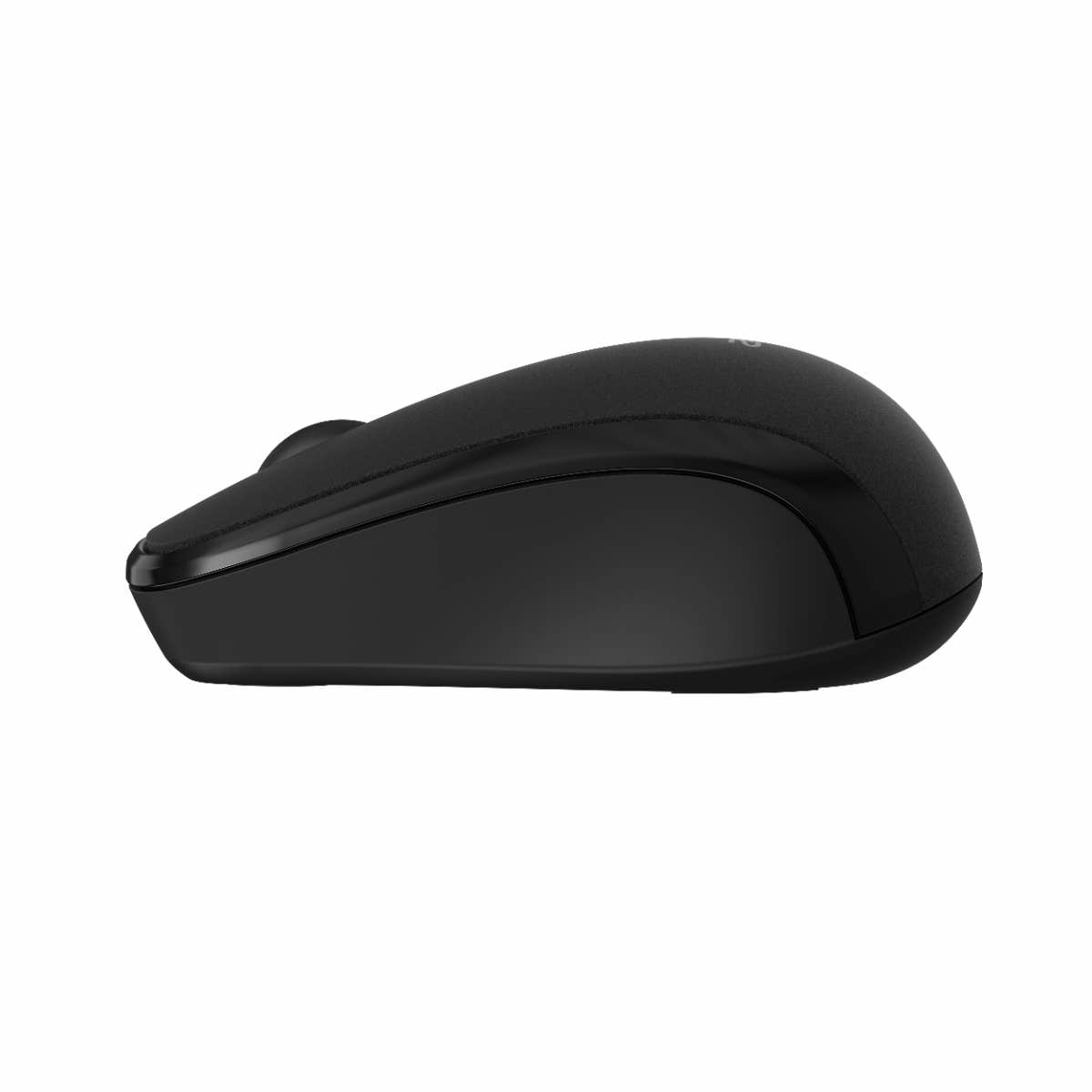 Un ratón de ordenador negro con un diseño curvo, visto desde un ángulo lateral.