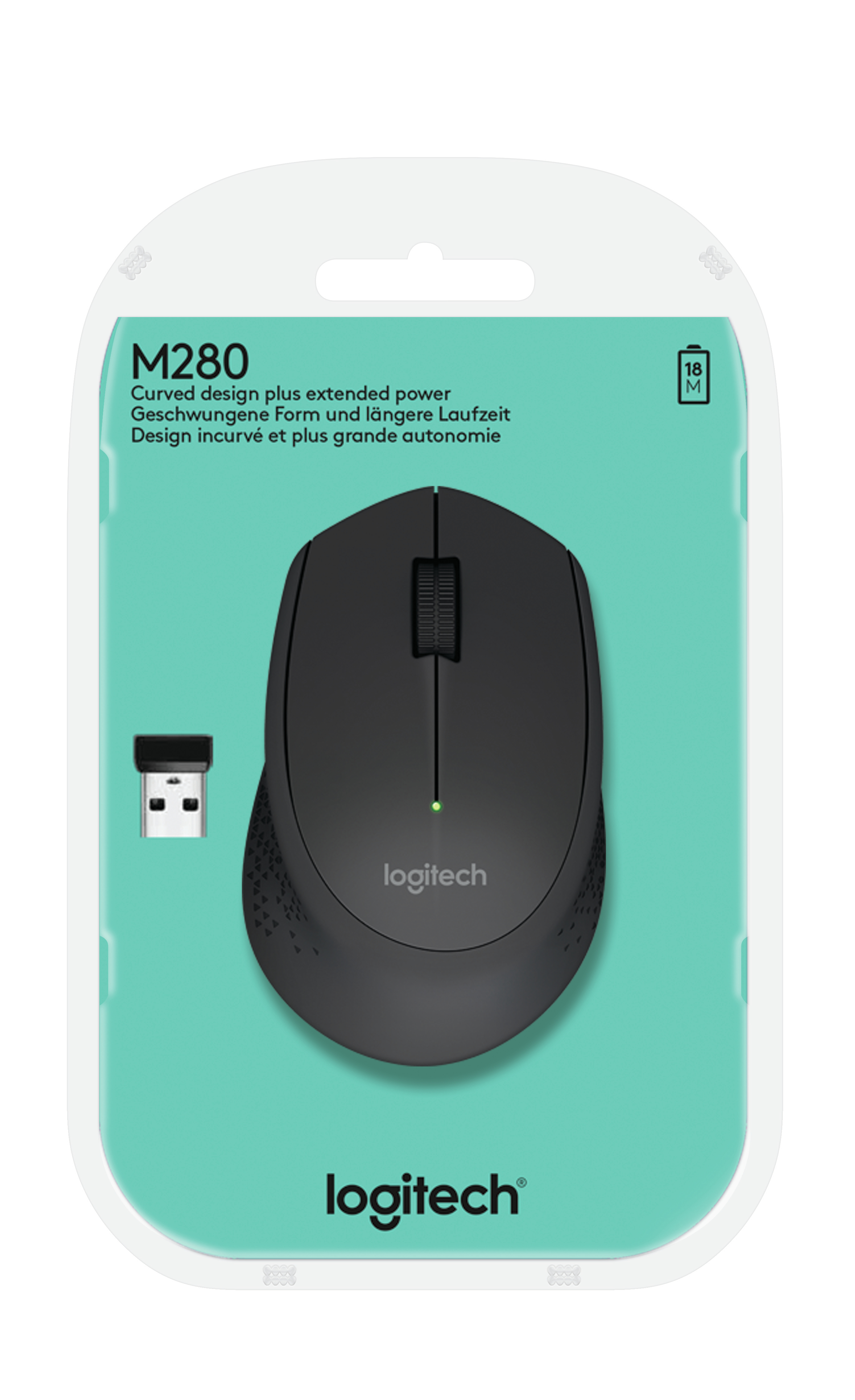 Czarna mysz Logitech w opakowaniu, z odbiornikiem USB.