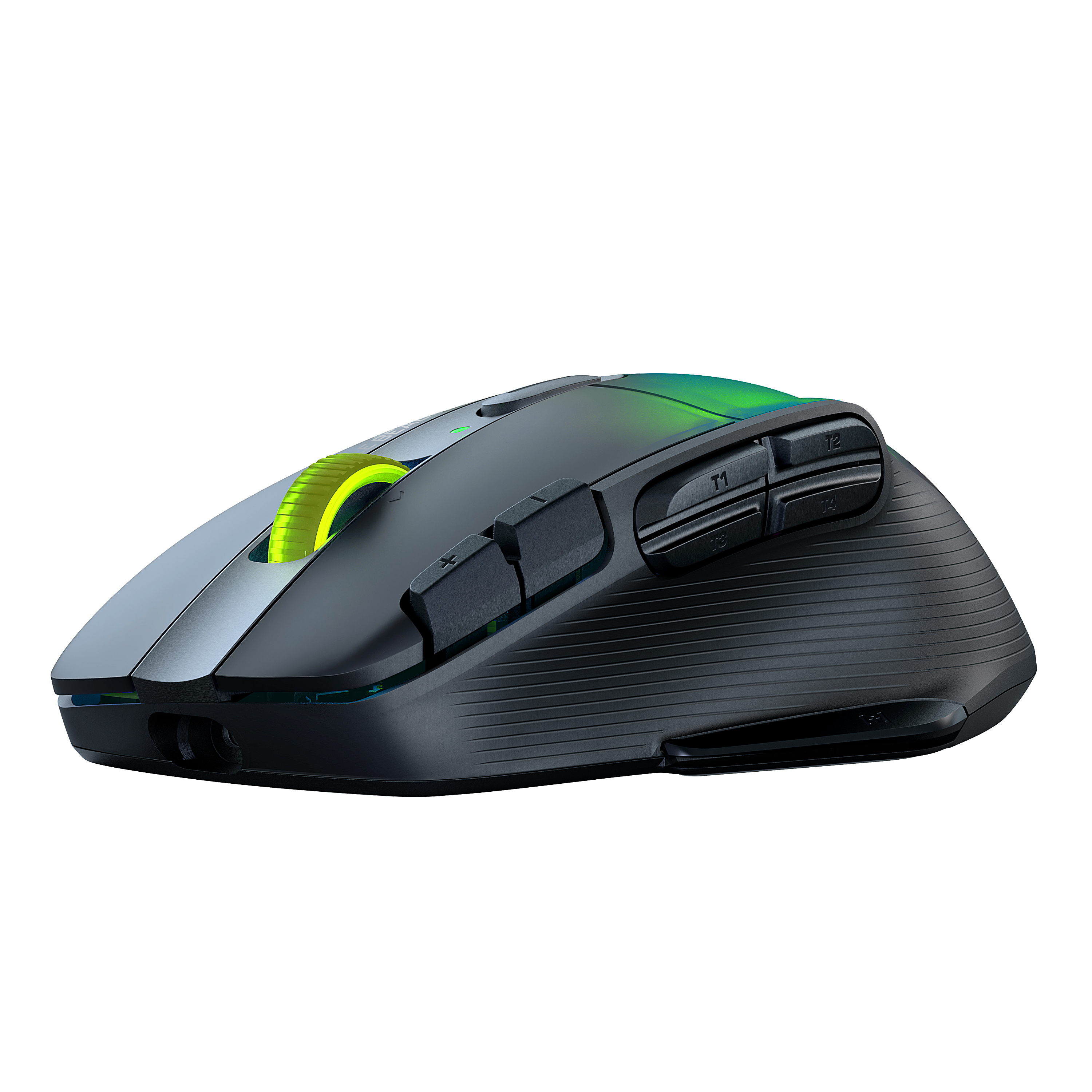 Een zwarte gamingmuis met meerdere knoppen en een groen licht op het scrollwiel.