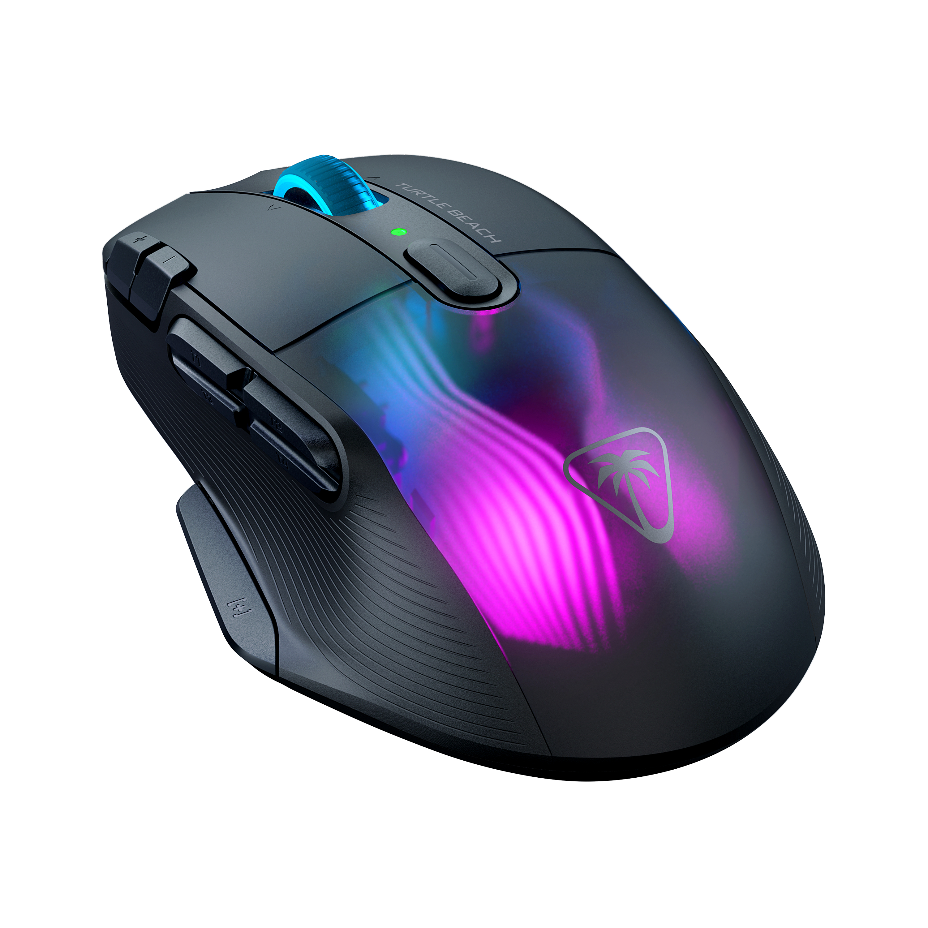 Gamingmuis met RGB-verlichting. Zwarte behuizing, blauw scrollwiel en merklogo.