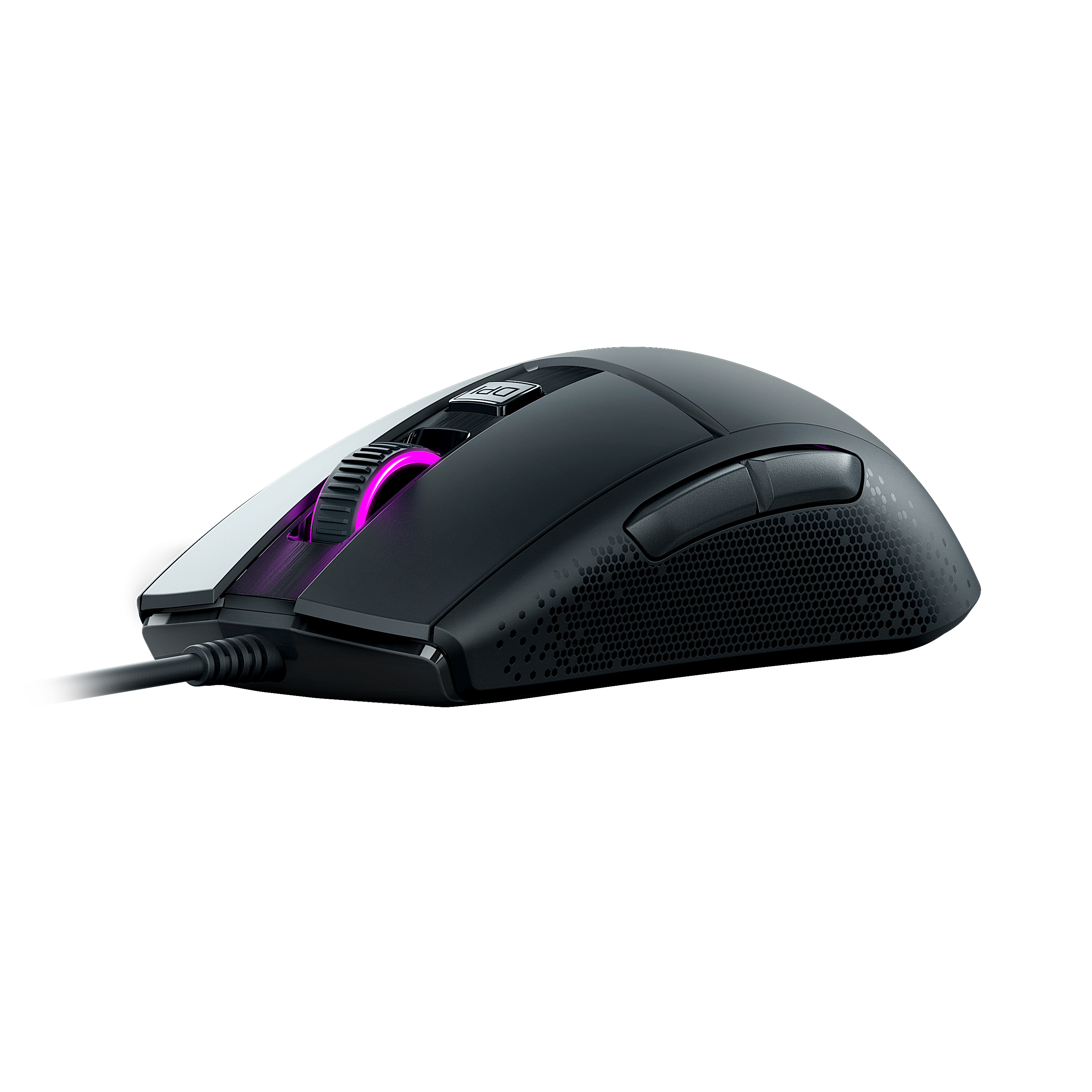 Mouse da gioco nero con luci e cavo, su sfondo bianco.