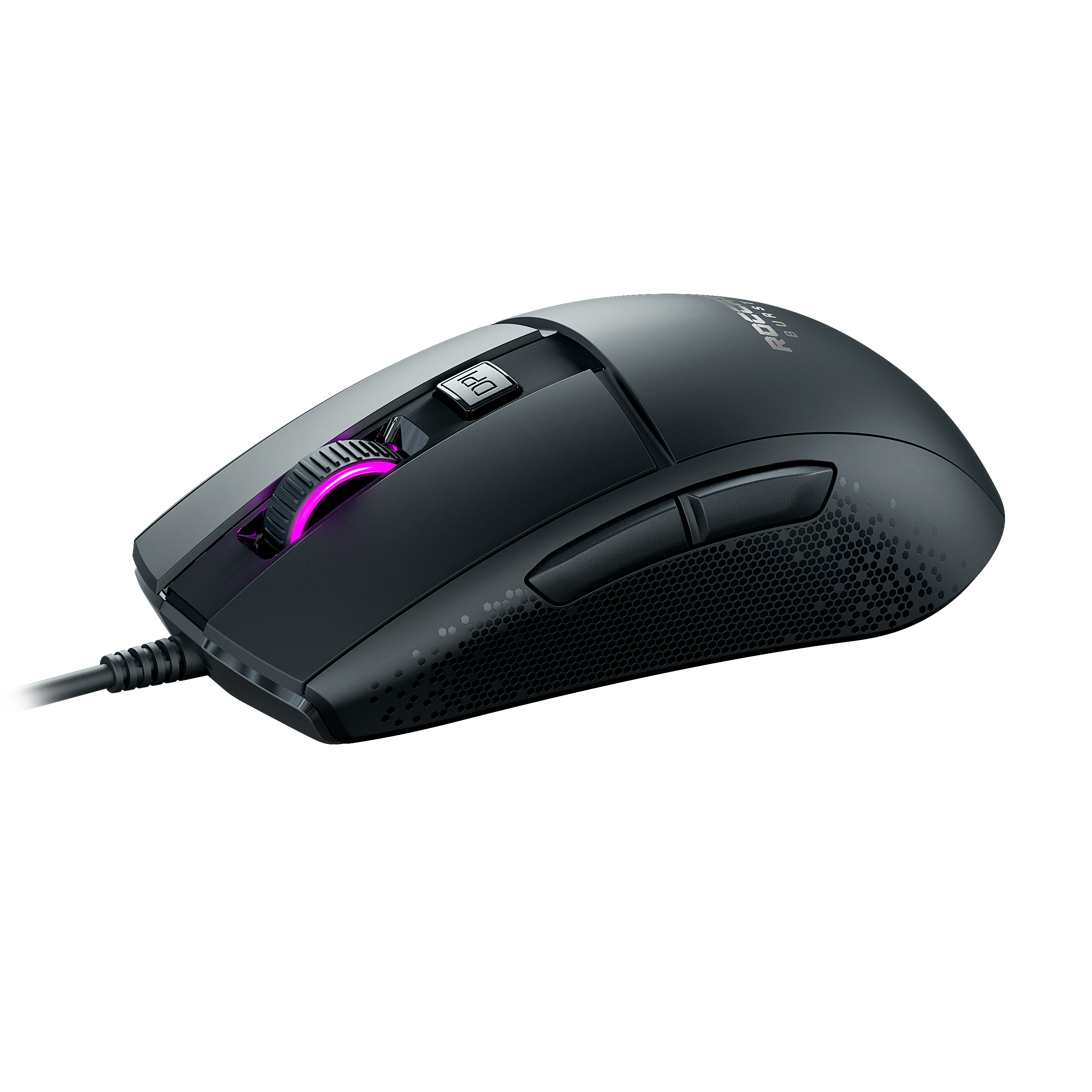 Mouse da gaming nero con pulsante DPI e rotella di scorrimento illuminata.