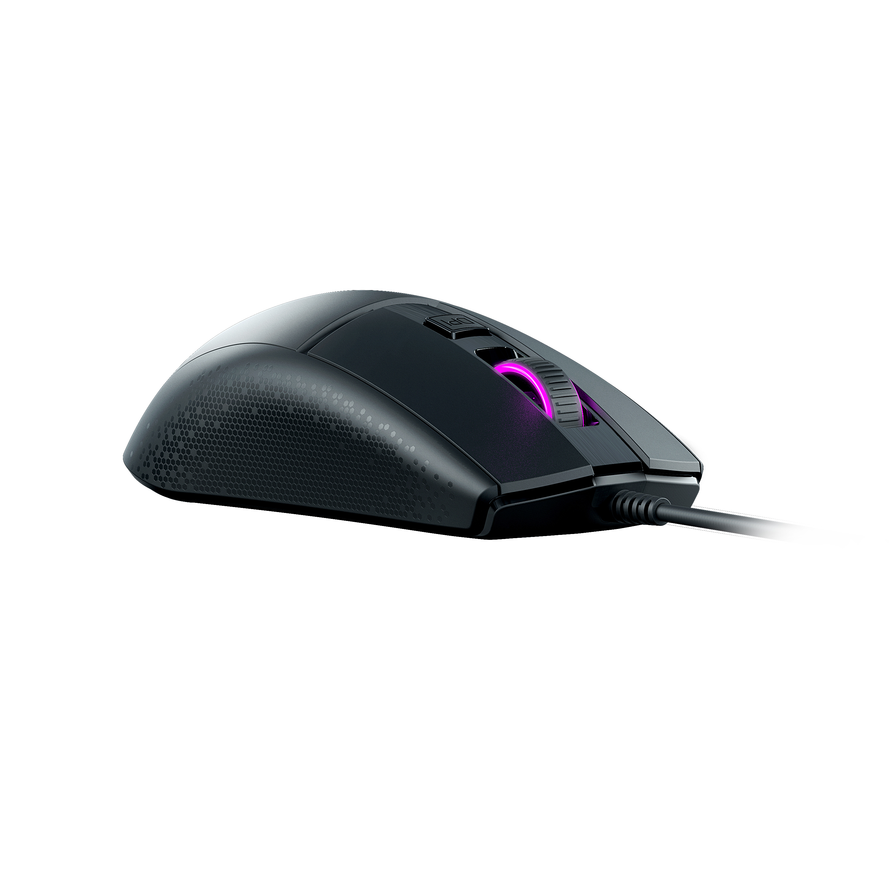 Mouse nero con rotella di scorrimento viola brillante. Cavo collegato.