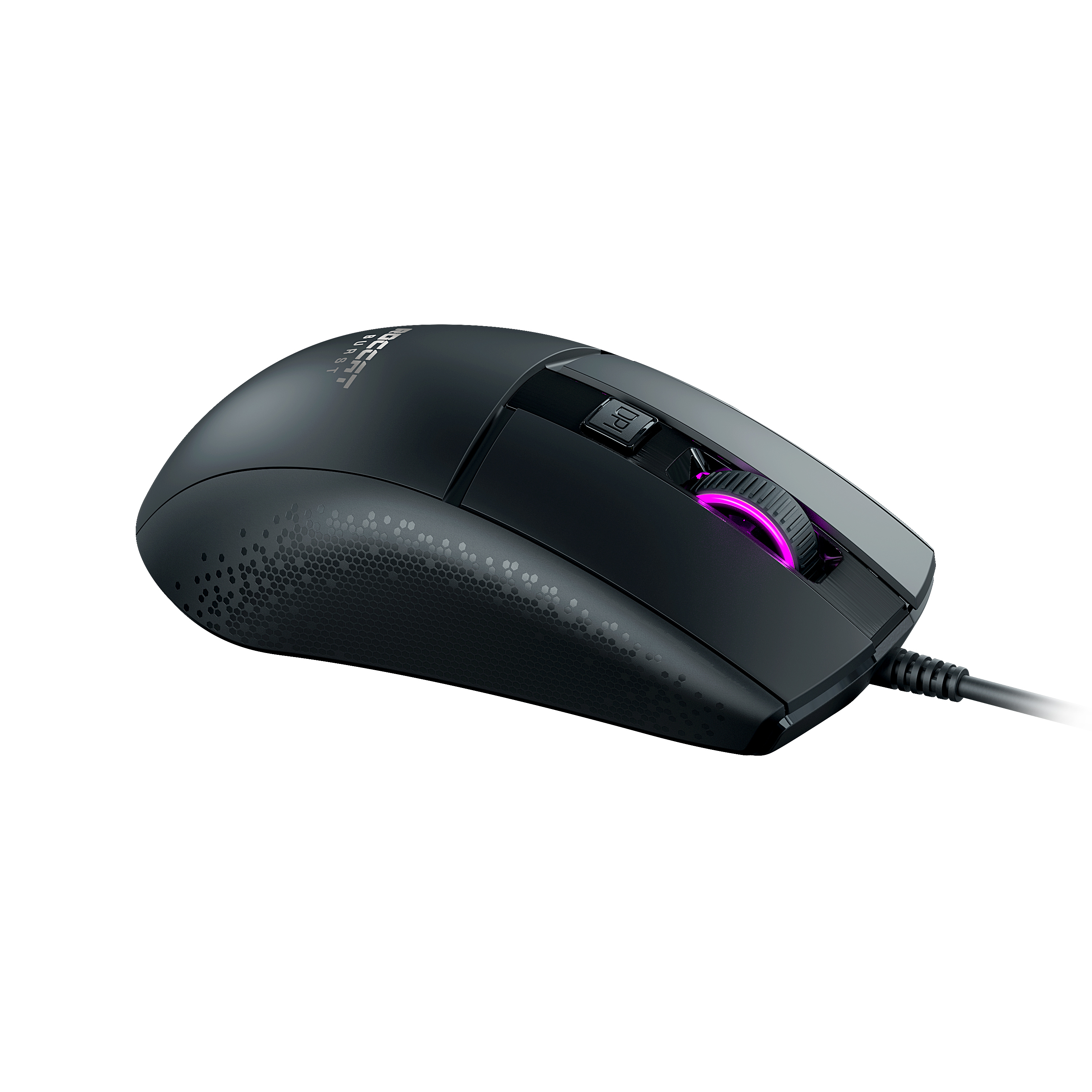 Mouse da gaming nero con luce rosa sulla rotella. Il mouse ha un'impugnatura laterale strutturata.