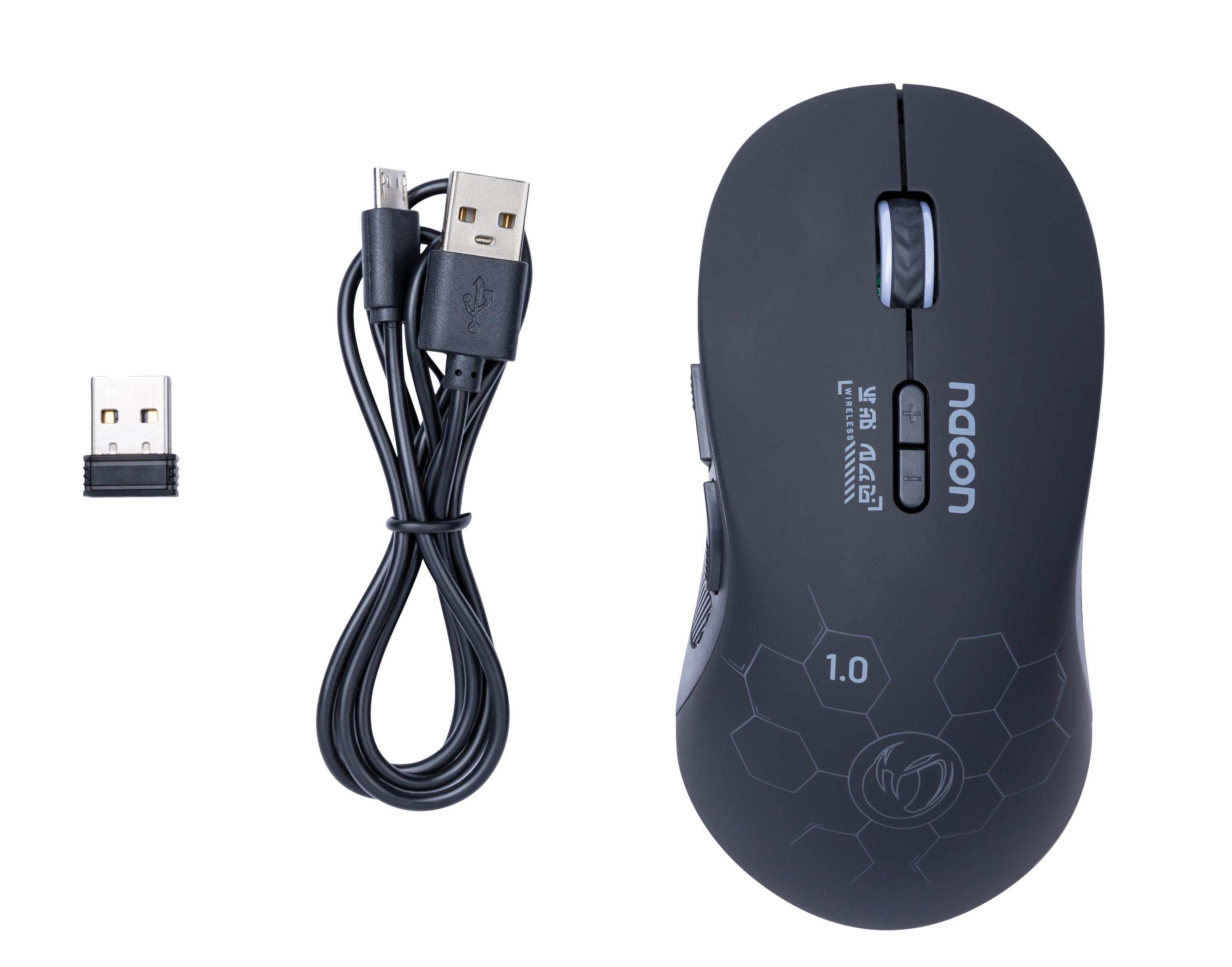 Czarna mysz komputerowa. Kabel USB i bezprzewodowy odbiornik USB umieszczone obok myszy.