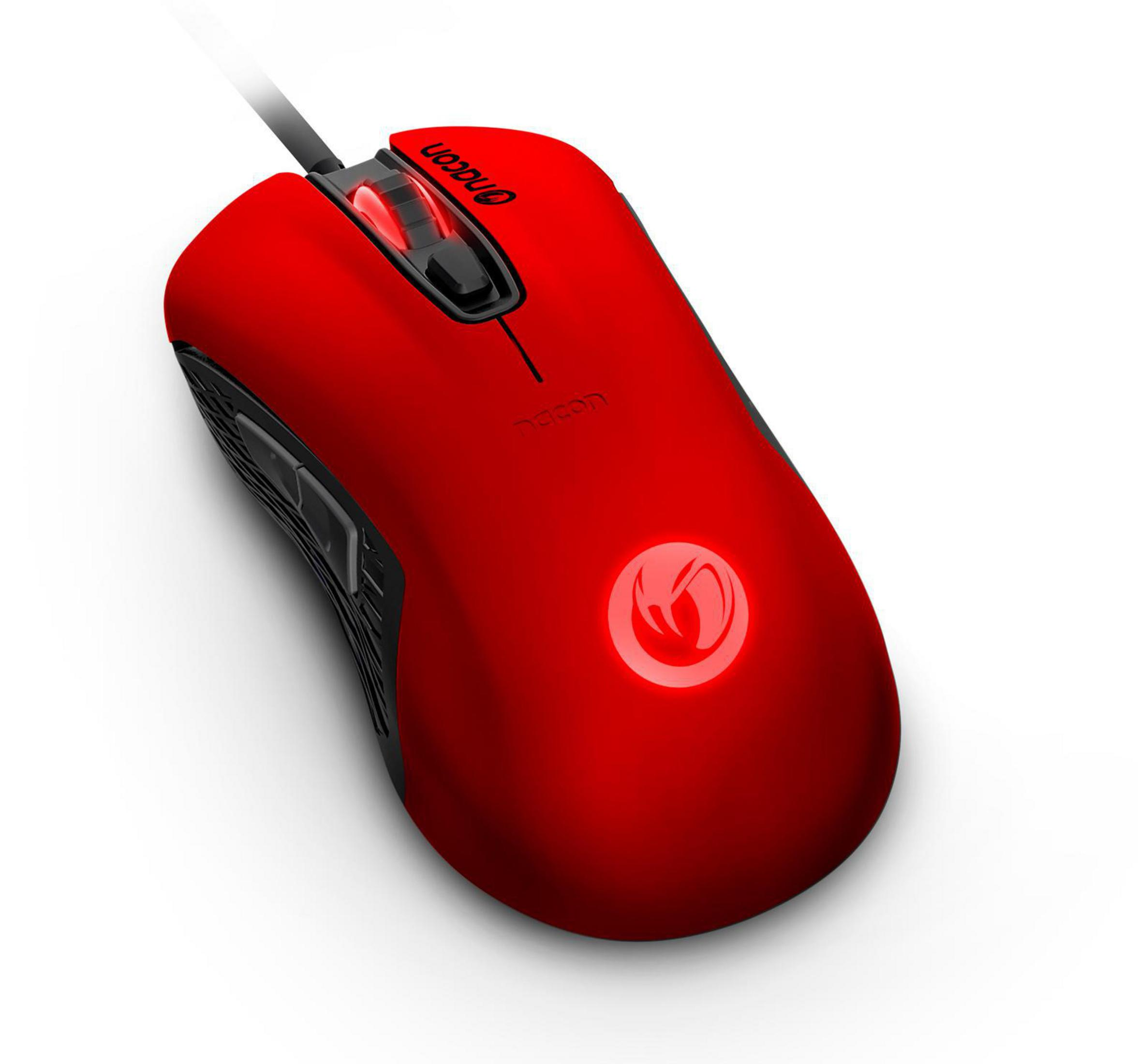 Czerwona mysz do gier Nacon z czarnymi akcentami i podświetlanym logo.