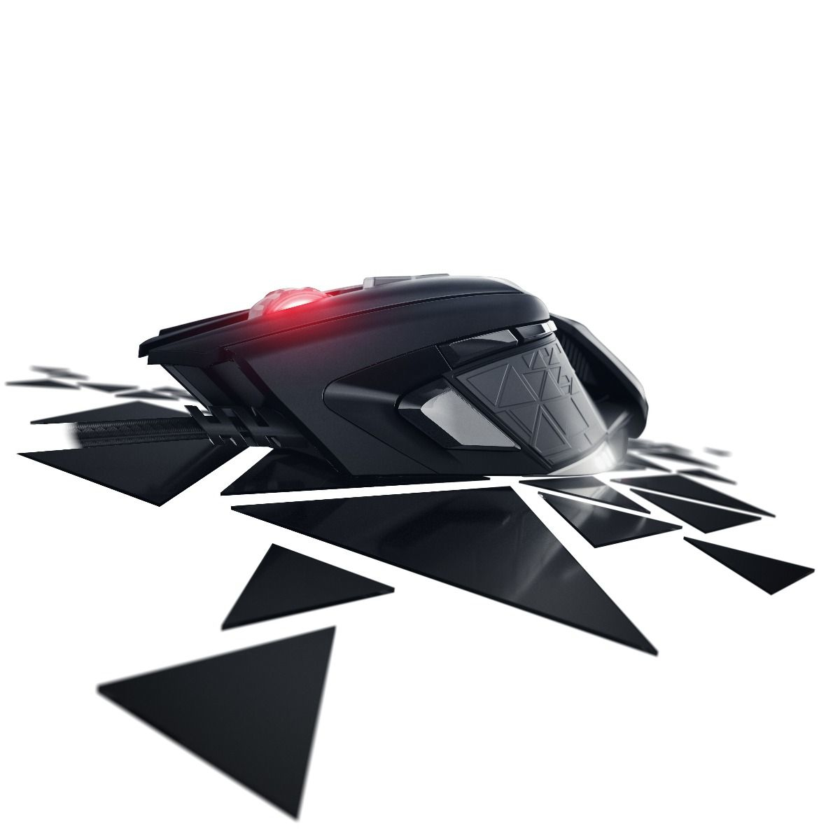 Black gaming mouse on a white surface with a broken glass effect. Red light.