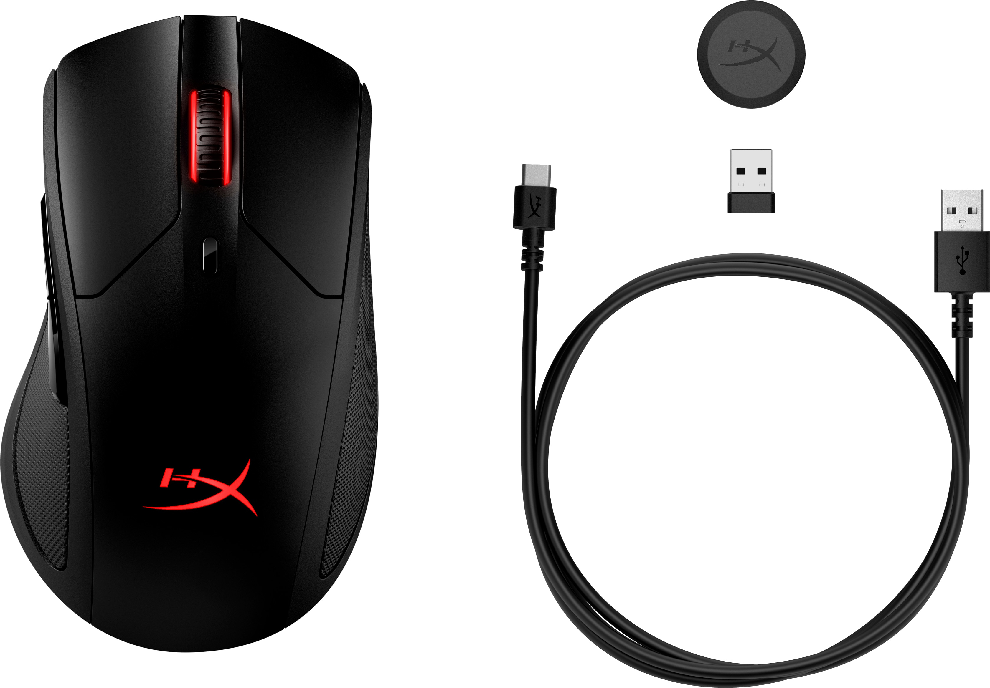 Mouse wireless HyperX nero con logo rosso. Include ricevitore USB, cavo USB e base di ricarica.