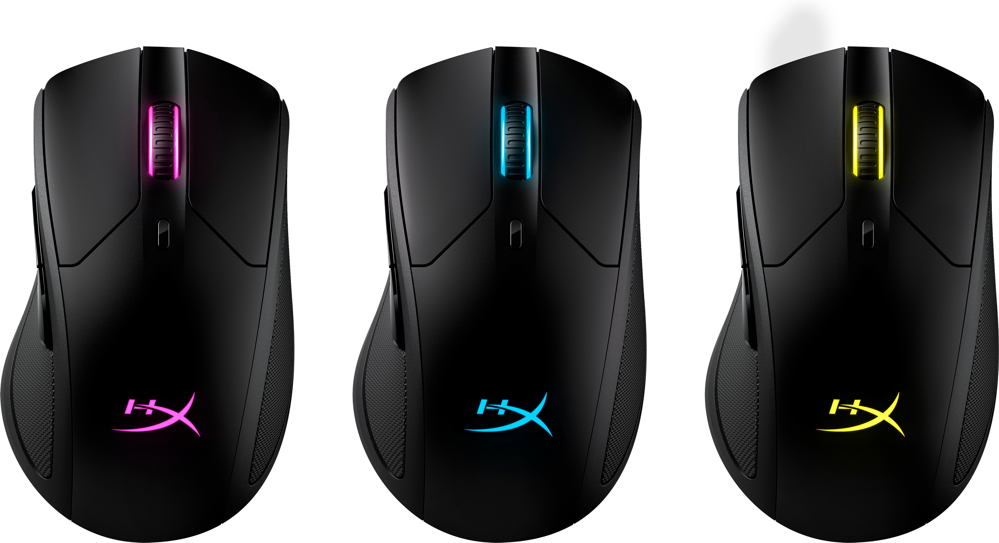Tre mouse wireless neri con loghi luminosi in rosa, blu e giallo. Ognuno ha una luce distinta.