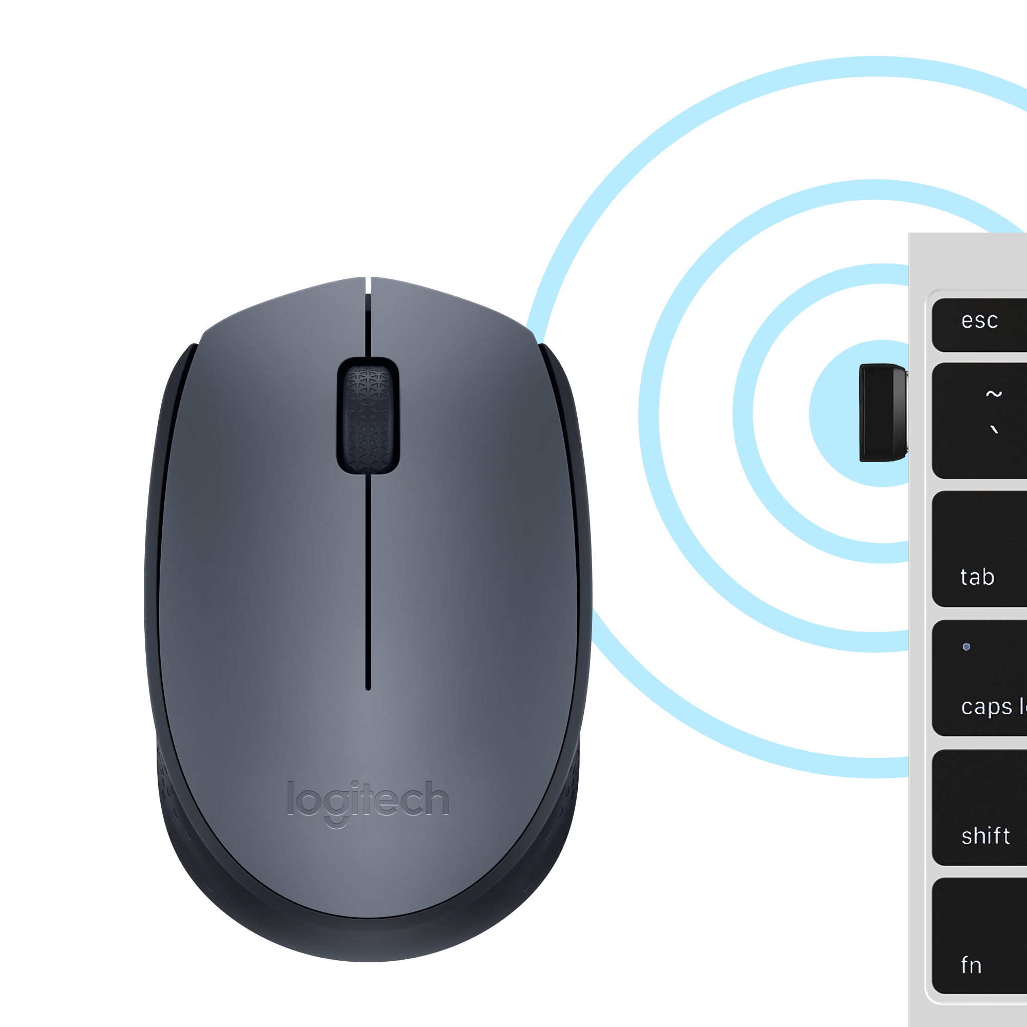 Szara mysz z logo Logitech obok klawiszy Escape, Tilde, Tab i Shift na klawiaturze.