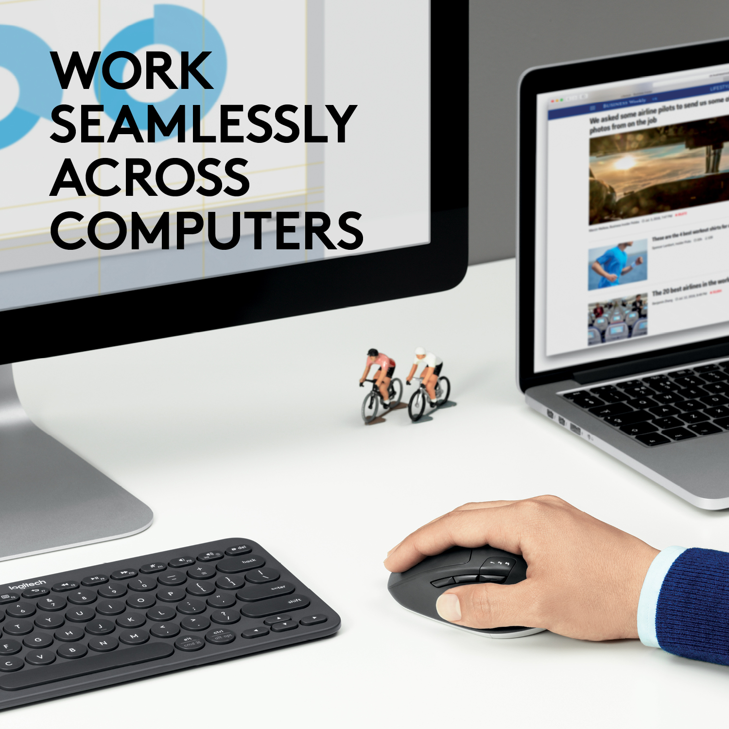 Konfiguracja komputera z monitorem, klawiaturą i myszą. Tekst: Pracuj bezproblemowo na komputerach.